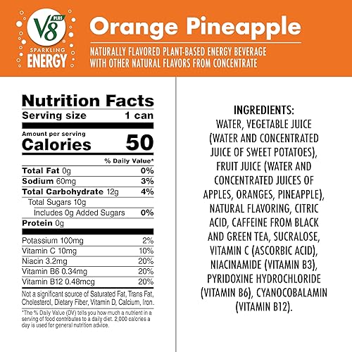 Miniatura 2 de V8 SPARKLING ENERGY Orange Pineapple Energy Drink elaborada con auténticos zumos de verduras y frutas lata de 115 onzas líquidas paquete de 12