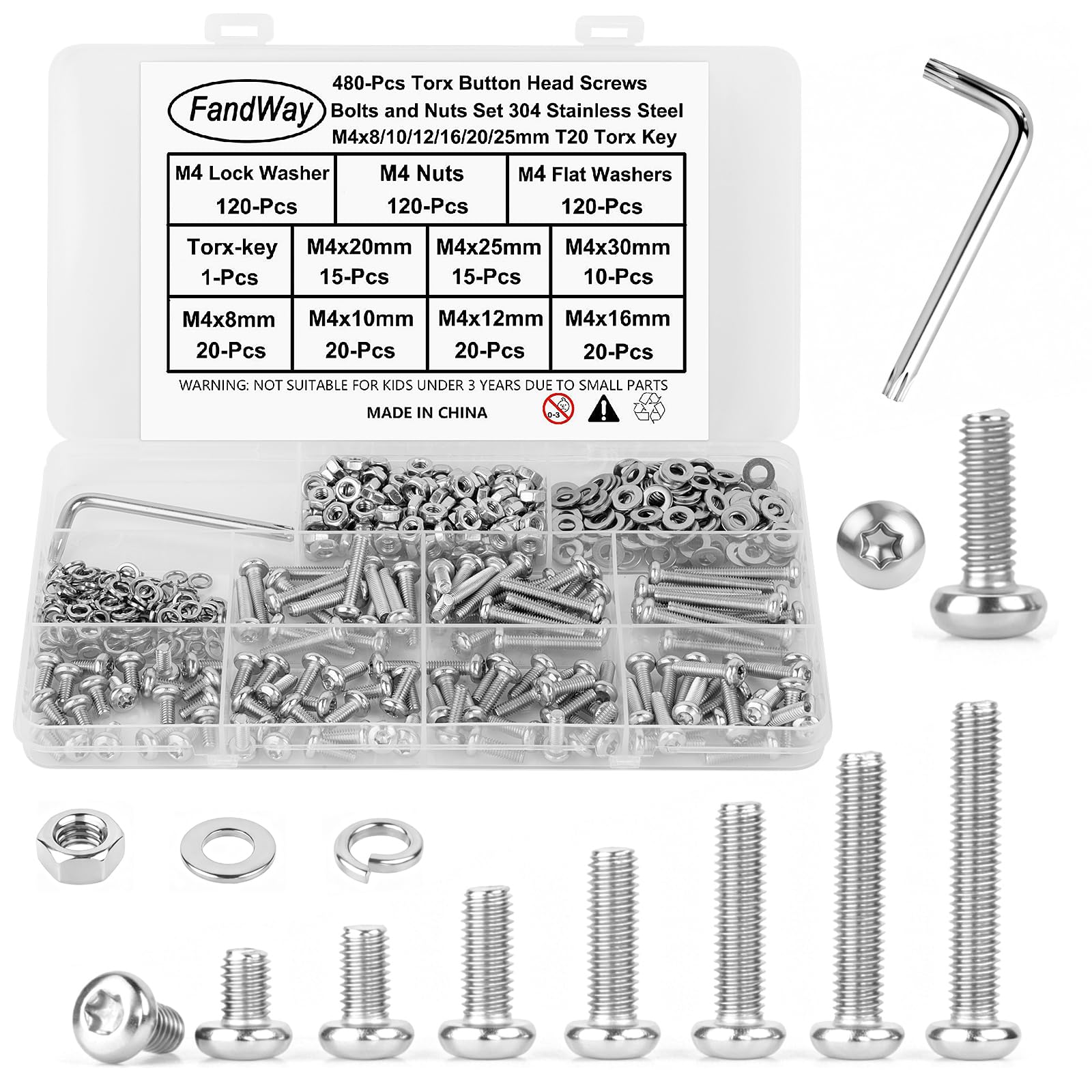 Set di viti Torx M4, 480 pezzi, in acciaio inox 304, viti a testa svasata, viti a testa tonda, viti a macchina, dadi e rondelle, assortimento di punte T20