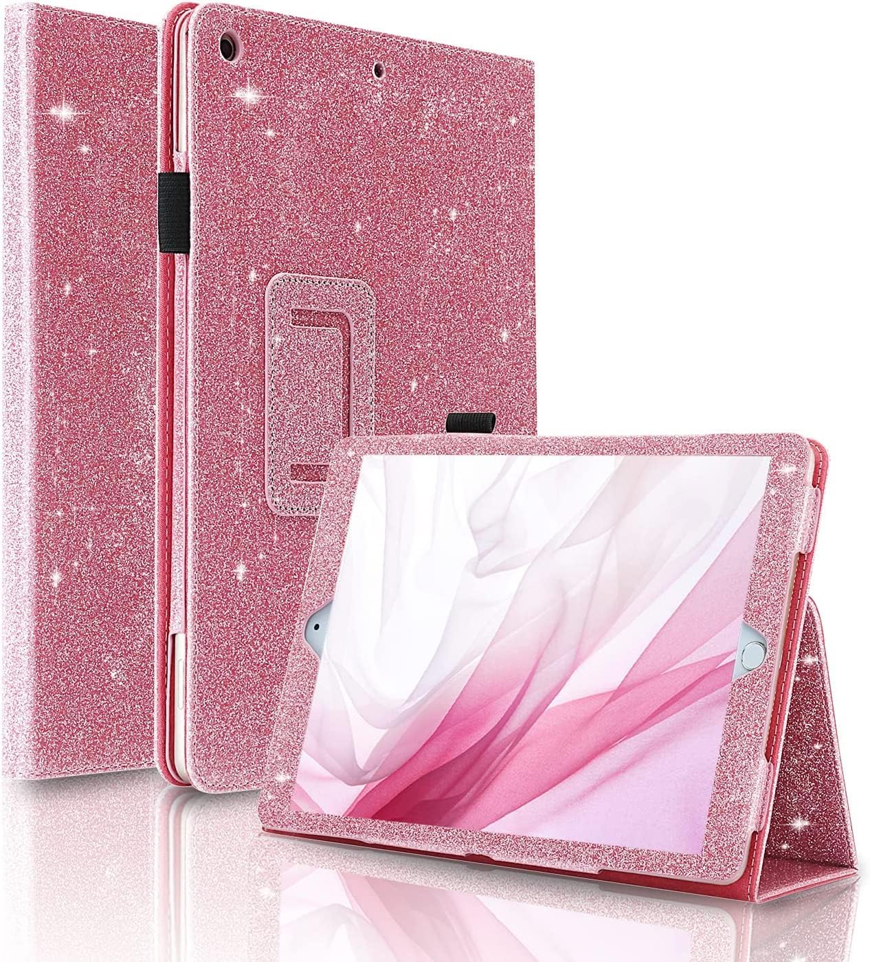 ZHONGYUE Case for iPad 9th / 8th / 7th Generation 10.2 Inch (2021 2020 2019), Glitter iPad Cover 9/8/7 Gen with Pencil Holder, Auto Wake/Sleep -Pink