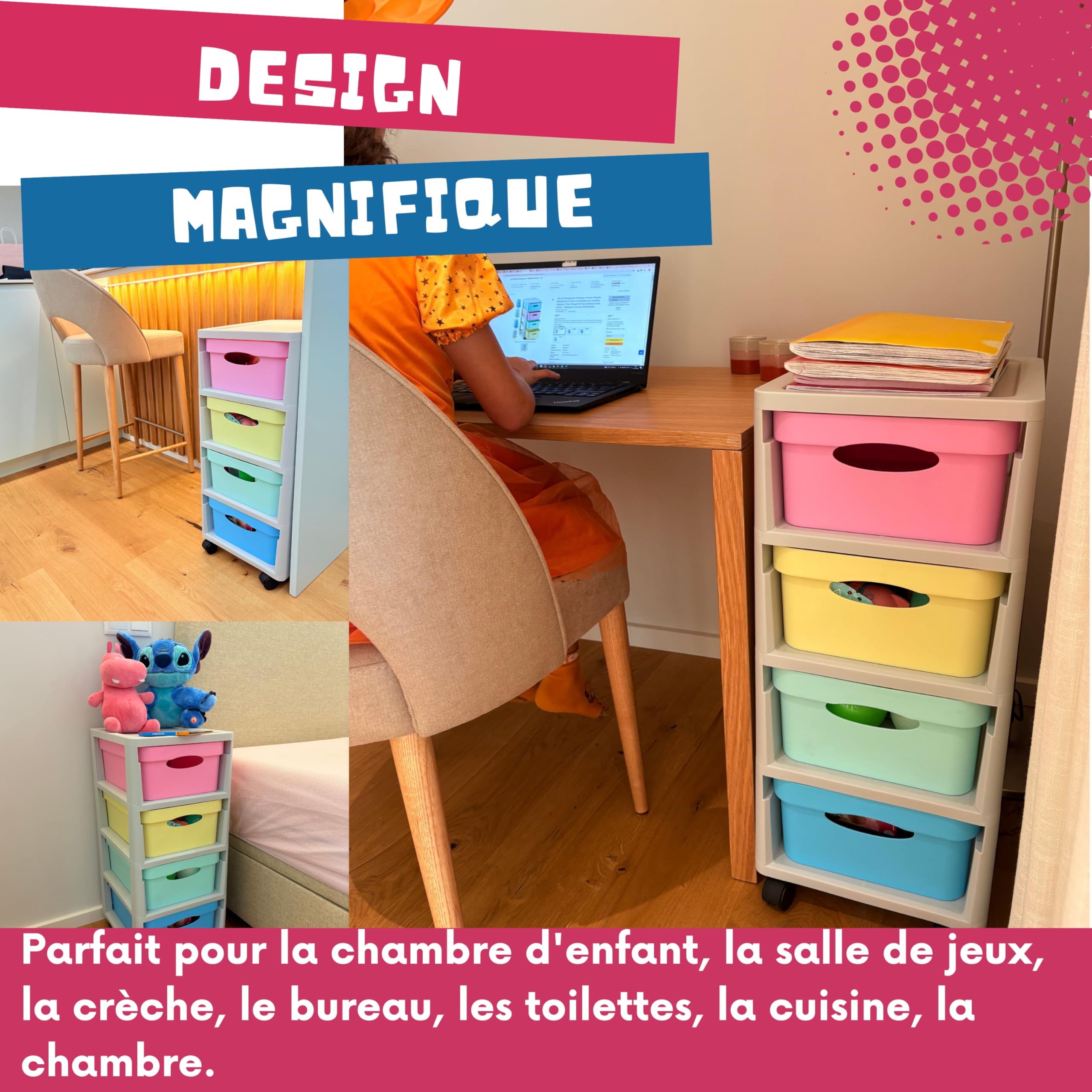 Meuble rangement enfant tour en plastique meuble ecole bac à roulettes boite tiroir empilable jouet bureau chariot a tiroirs colorés - Fabriqué en Europe