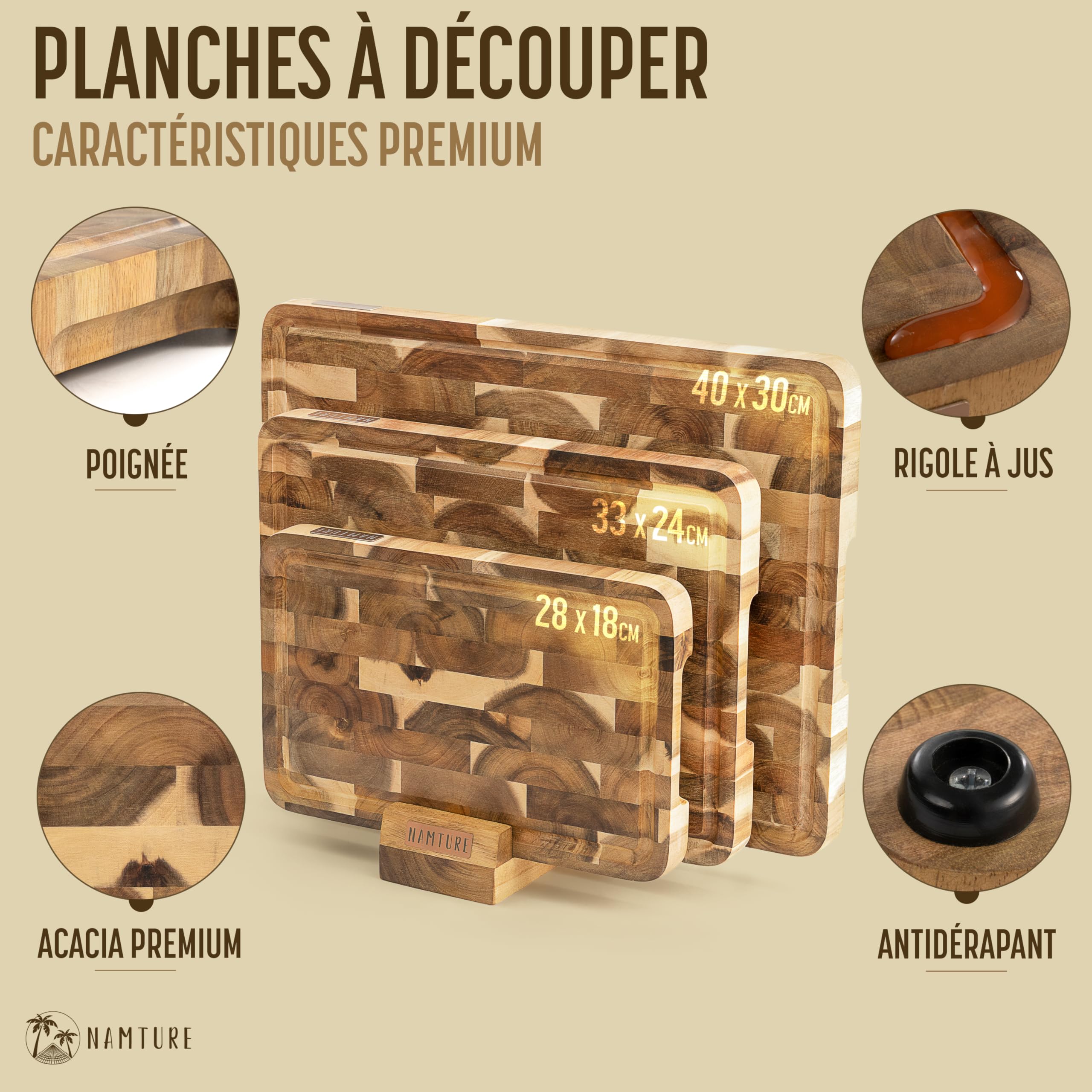 Set de 3 Planches à Découper en Bois d’Acacia – Billots Bois de Bout avec Rigole à Jus, Pieds Antidérapants & Support – Coffret Cadeau Premium