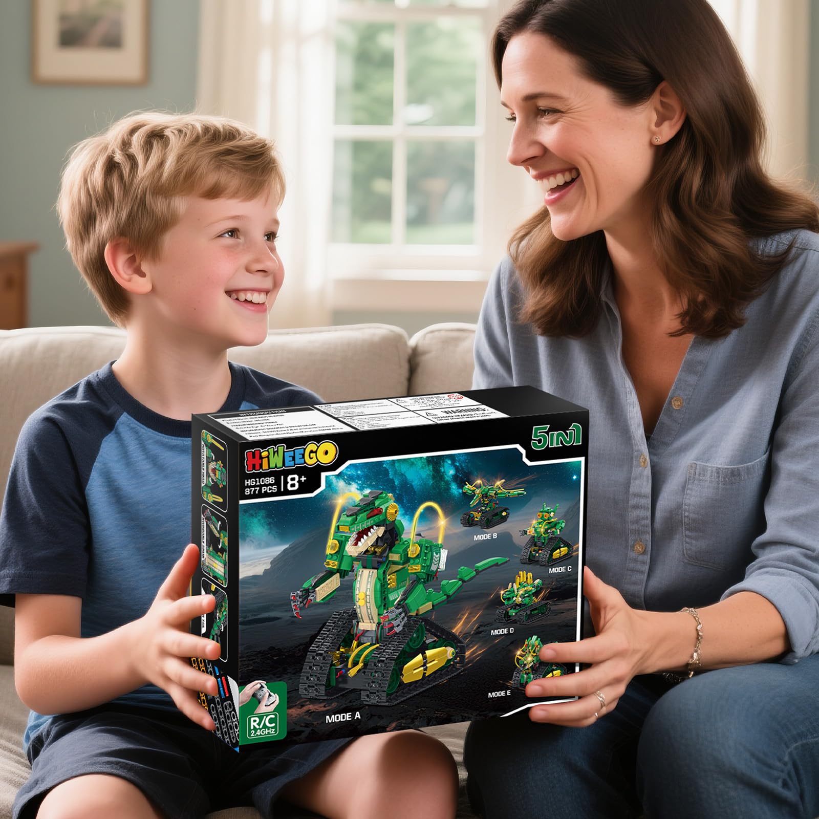 HiWEEGO Technik Roboter für Kinder mit Licht - 5 in 1 Dinosaurier Fernbedienung Bausatz, 877 Teile RC Robot Wiederaufladbar Spielzeug Geschenk für Jungen und Mädchen 8–12 Jahren