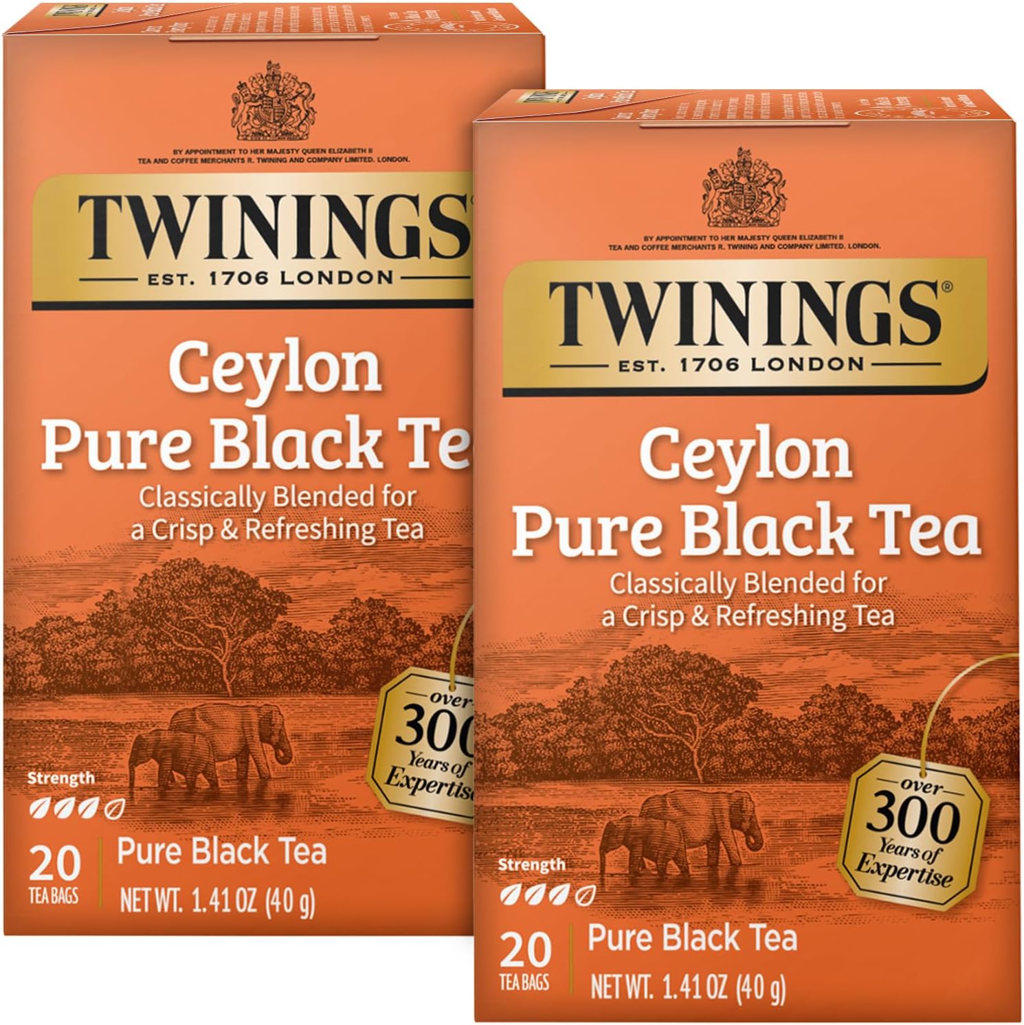 Ceylon Pure Black Tea - A Crisp, Refreshing, Formerly Orange Pekoe, Caffeinated Tea Bags, Individually Wrapped, 20 Count (Pack of 2)