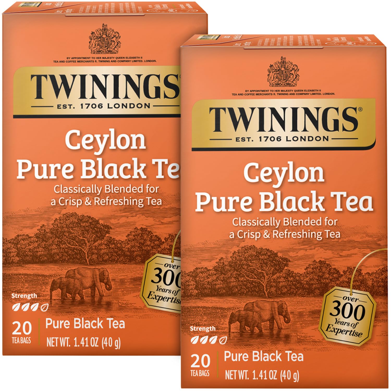 Twinings Ceylon Pure Black Tea - A Crisp, Refreshing Black Tea, Formerly Orange Pekoe, Caffeinated Tea Bags, Individually Wrapped, 20 Count (Pack of 2)