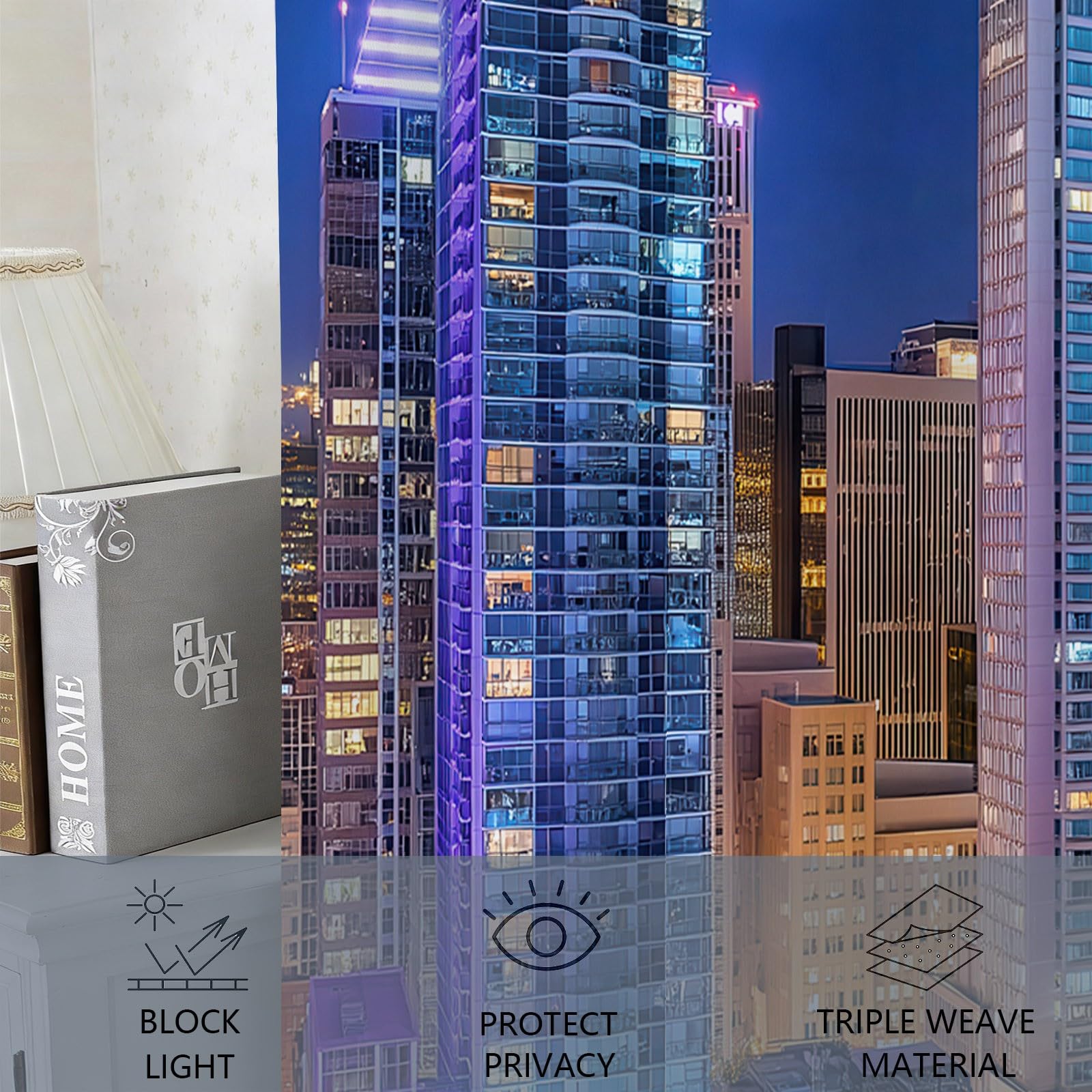Cortinas opacas con ojales, juego de 2 unidades, 225 x 140 cm (alto x ancho), cortinas opacas para salón, oficina, sala de reuniones, vestíbulo de hotel, fotografía panorámica urbana, protección UV