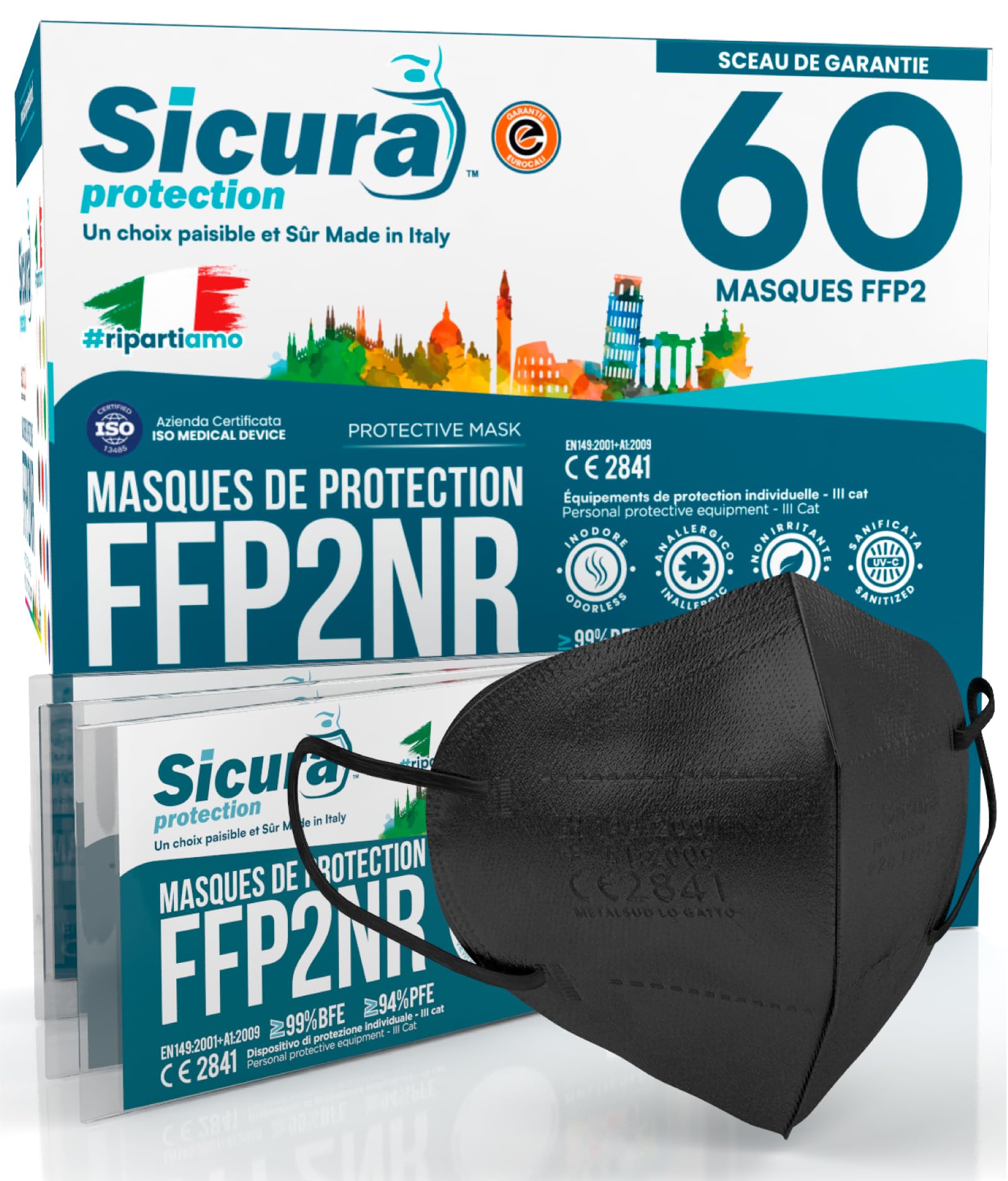 60 masques FFP2 Certifié CE NOIR Fabriqué en Italie BFE ≥99% Sanitized Masque FFP2 italien scellé individuellement EN 149:2001+A1:2009