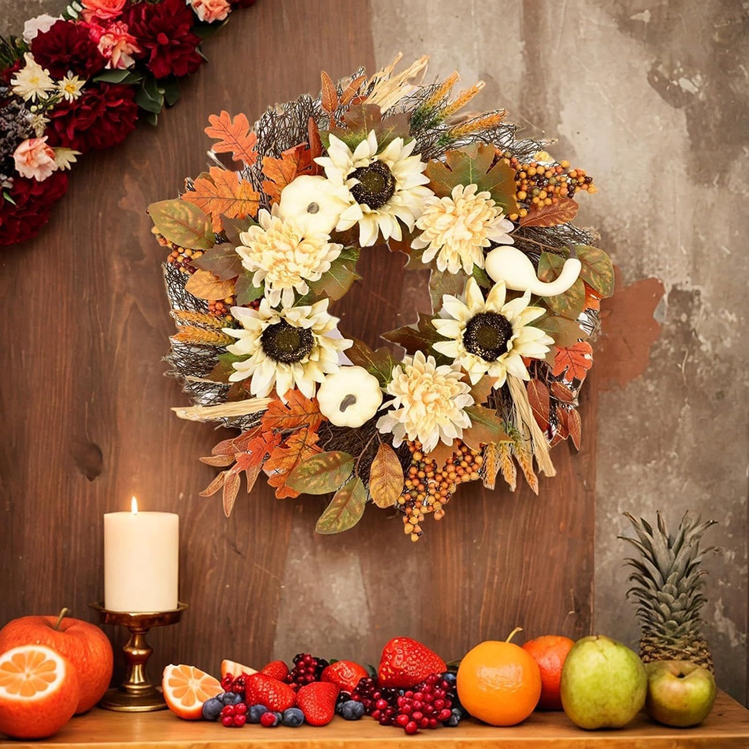AGAATI Türkranz, Herbstkränze für die Haustür, Herbstkürbiskranz, Türkranz für die Vordertür, kreativer Sonnenblumen-Erntedankkranz, 60 cm (Größe: 60 cm) (60 cm)