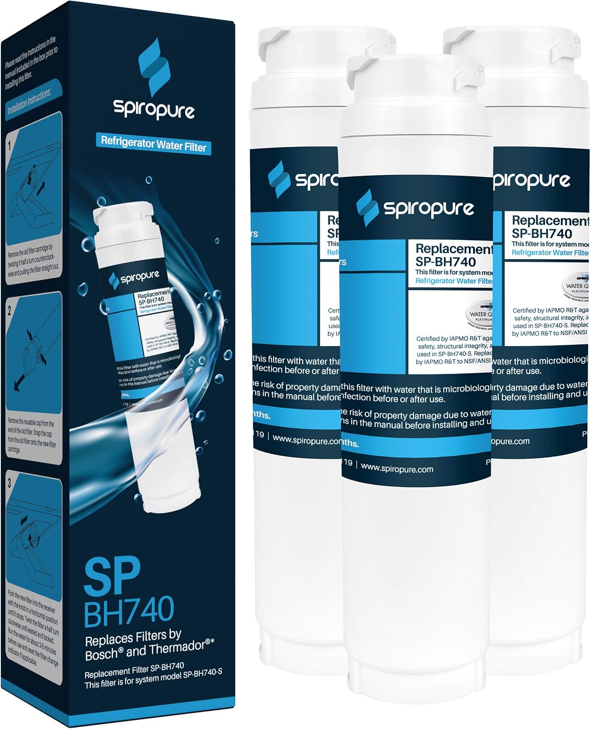 SpiroPure SP-BH740 NSF Certified Refrigerator Water Filter Replacement for Ultra Clarity, BORPLFTR10, 644845, REPLFLTR10, 9000194412, 740570, 00740560, 00740570, 9000077104 (3 Pack)