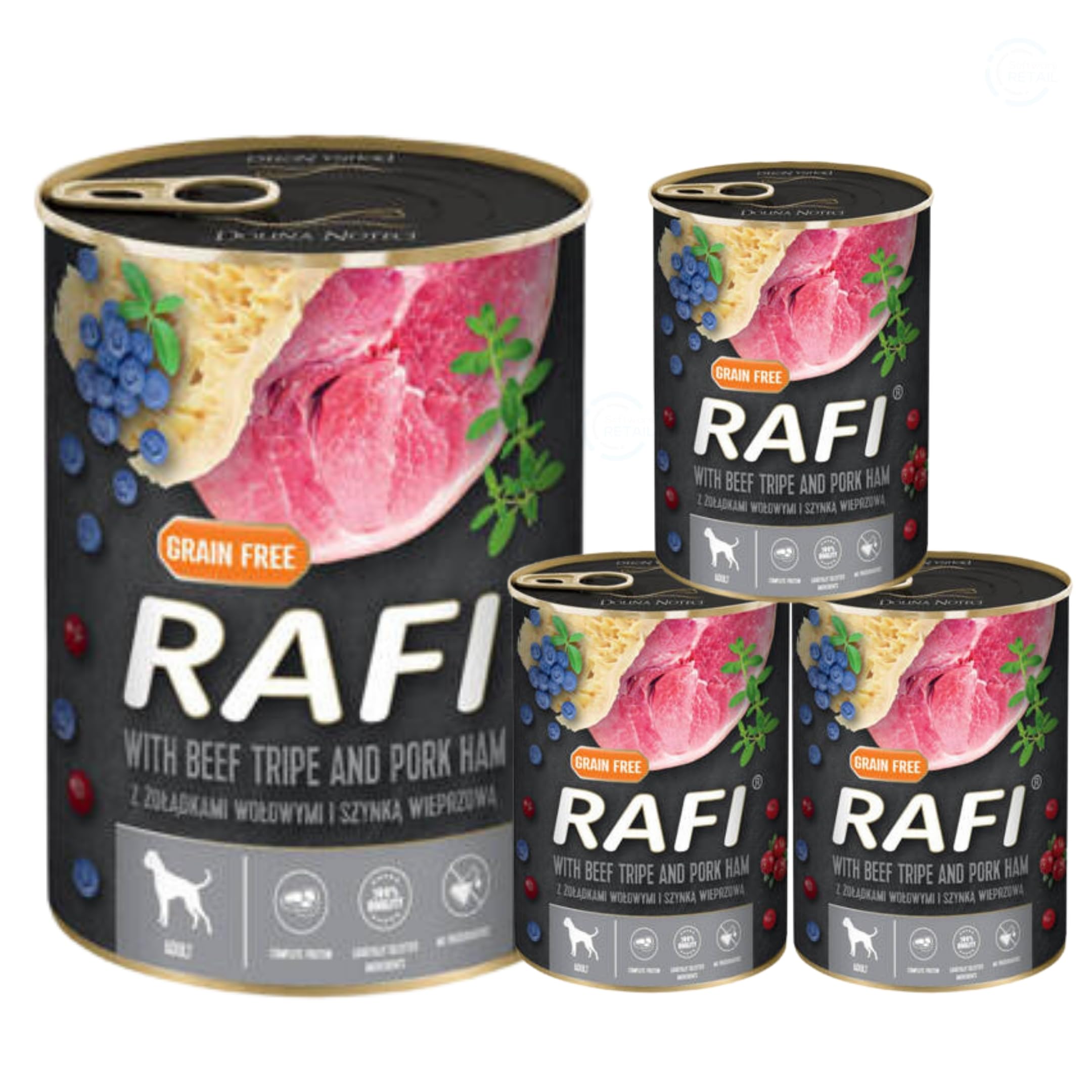 Rafi Complete Wet Dog Food: Meat & Natural Ingredients, Grain-Free, Immune-Boosting Superfoods in Every Flavour! Healthy & Tasty Nutrition for All Breeds! (Beef Tripe Pork Ham, 4x400g)
