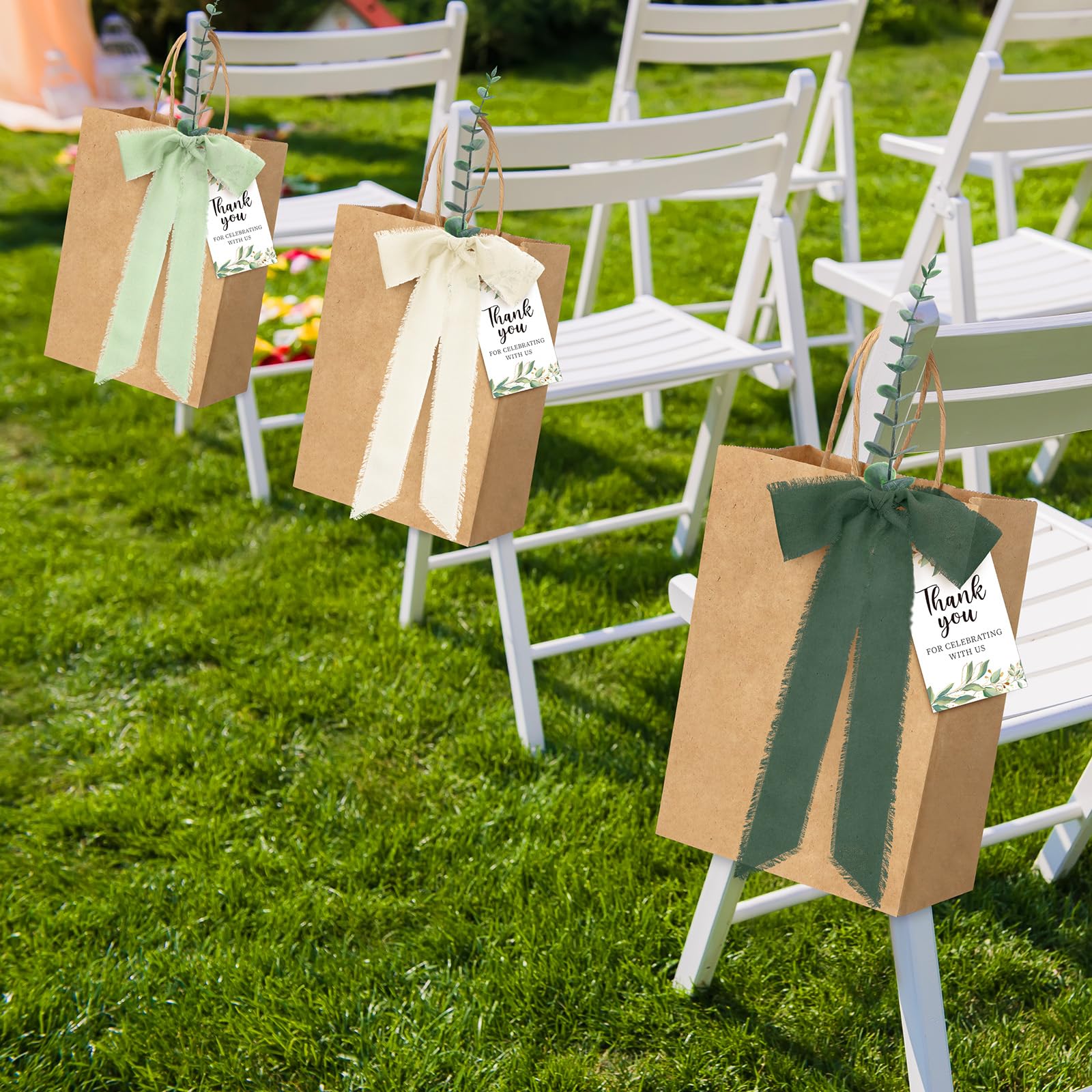 Motipuns 50 Sets Wedding IFF17 Welcome Bags For Guests Bulk Wedding Paper Gift Bags Handle Faux Eucalyptus Stems Chiffon Ribbon Thank You Cards Baby Show - View #4