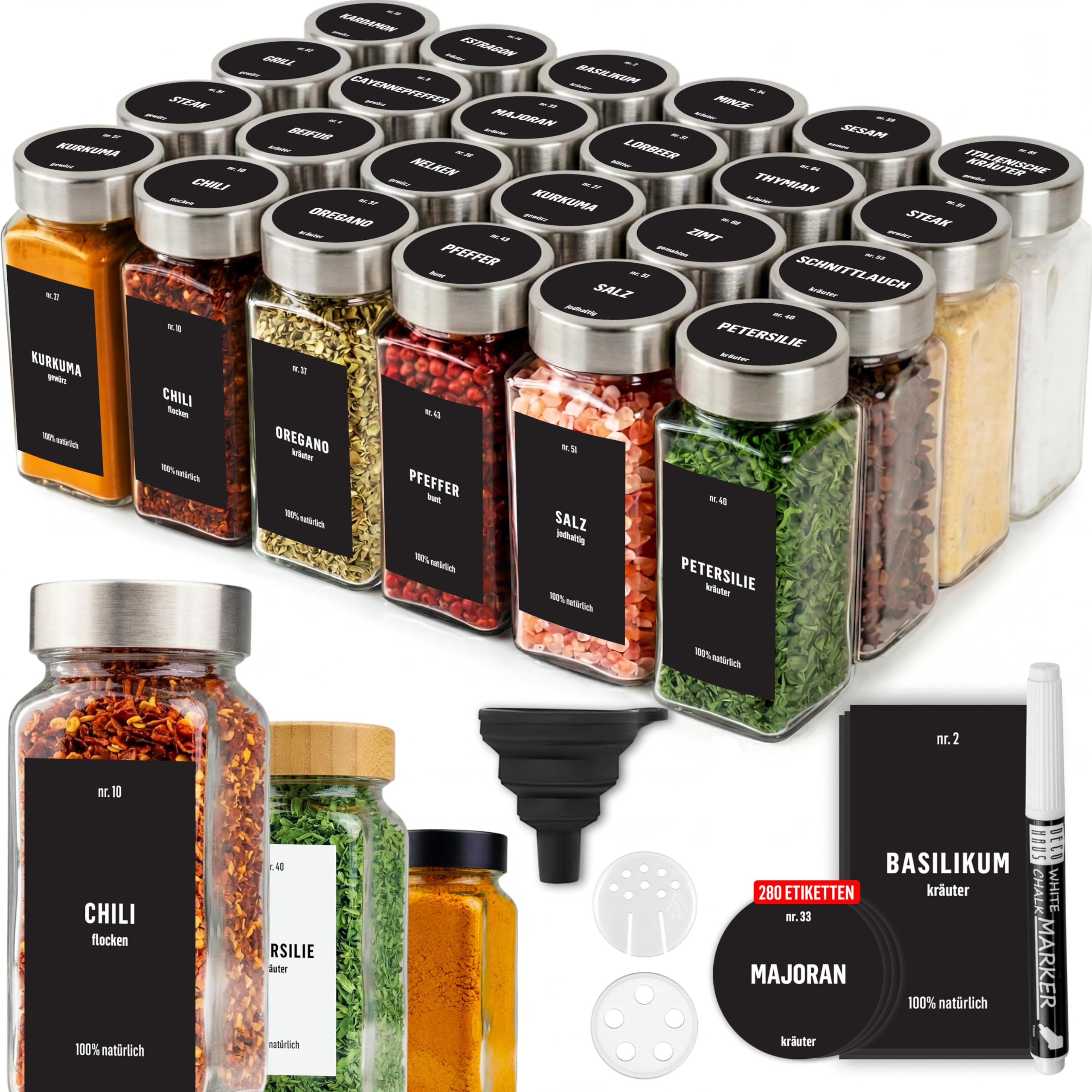 Deco haus® Gewürzgläser eckig luftdicht 24er Set [inkl. Etiketten & Streueinsatz] - Gewürzdosen Set Glas - Gewürzbehälter Spice Jars - Gewürze Aufbewahrung - Gewürz Organizer - Gewürzaufbewahrung