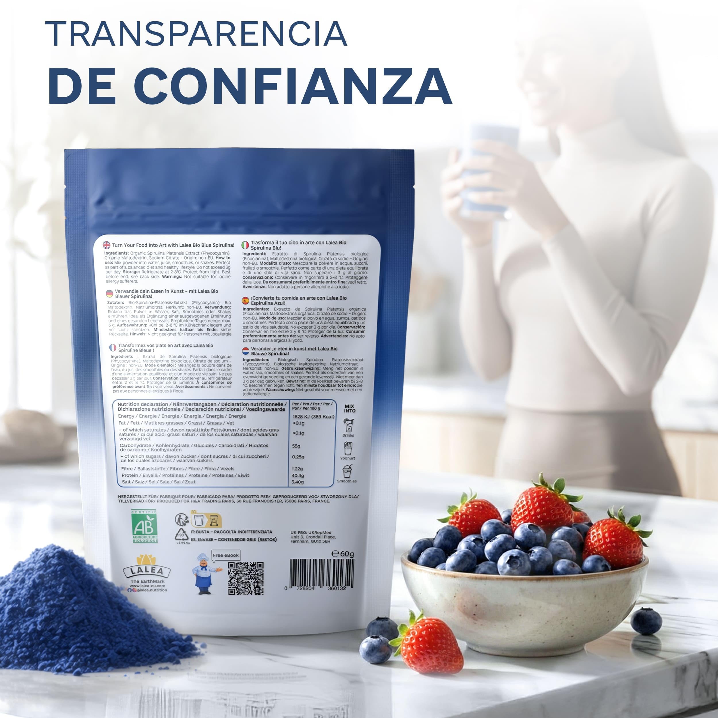 LALEA Espirulina Azul Ecológica en Polvo 55g – Spirulina Azul – Blue Spirulina Powder (Ficocianina) – Vegan Colorante Alimentario Natural (E18) – Para Smoothies, Bebidas, Postres, Repostería