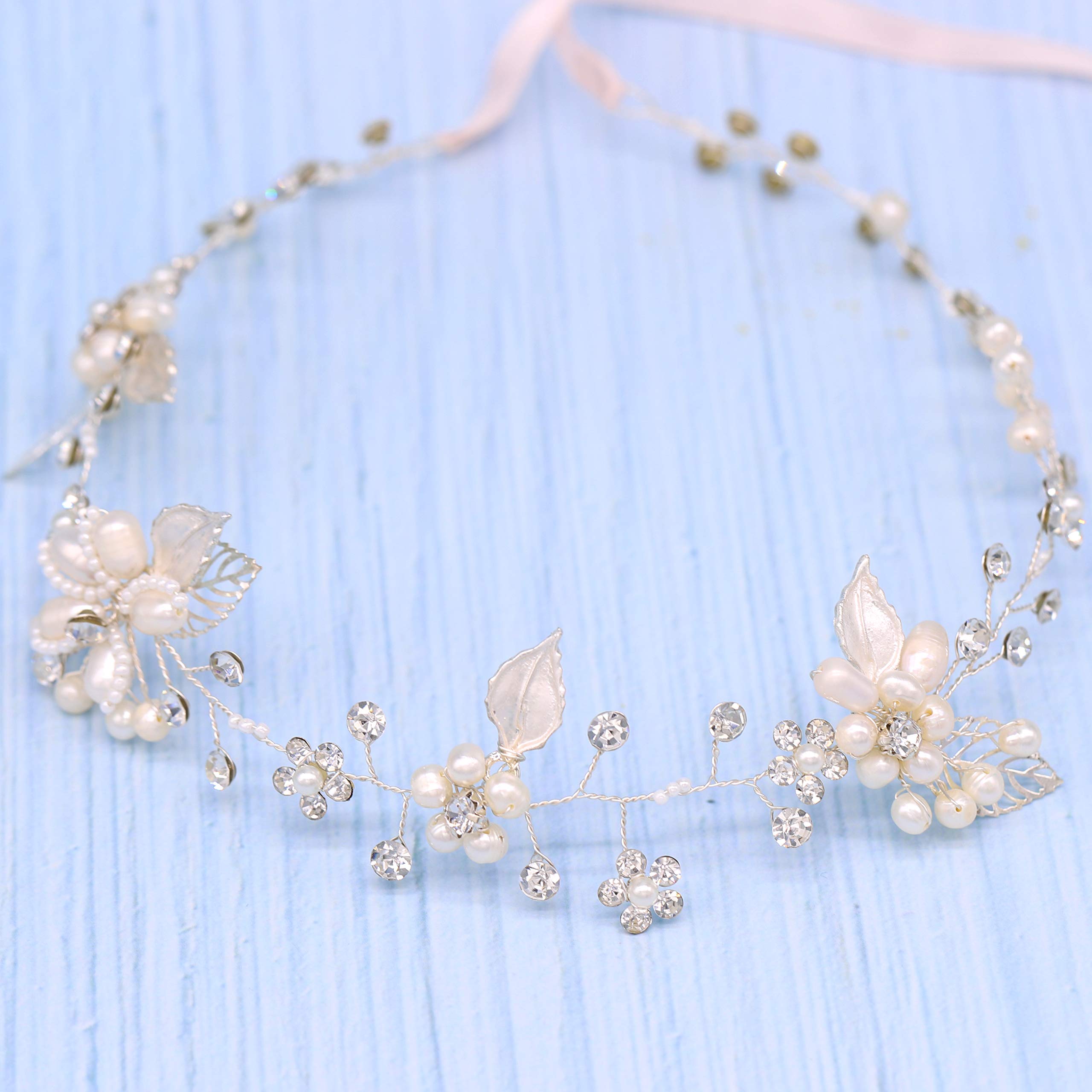Oriamour Brautschmuck Kristall Stirnband mit Süßwasserperlen Blume Design Hochzeit Haarschmuck