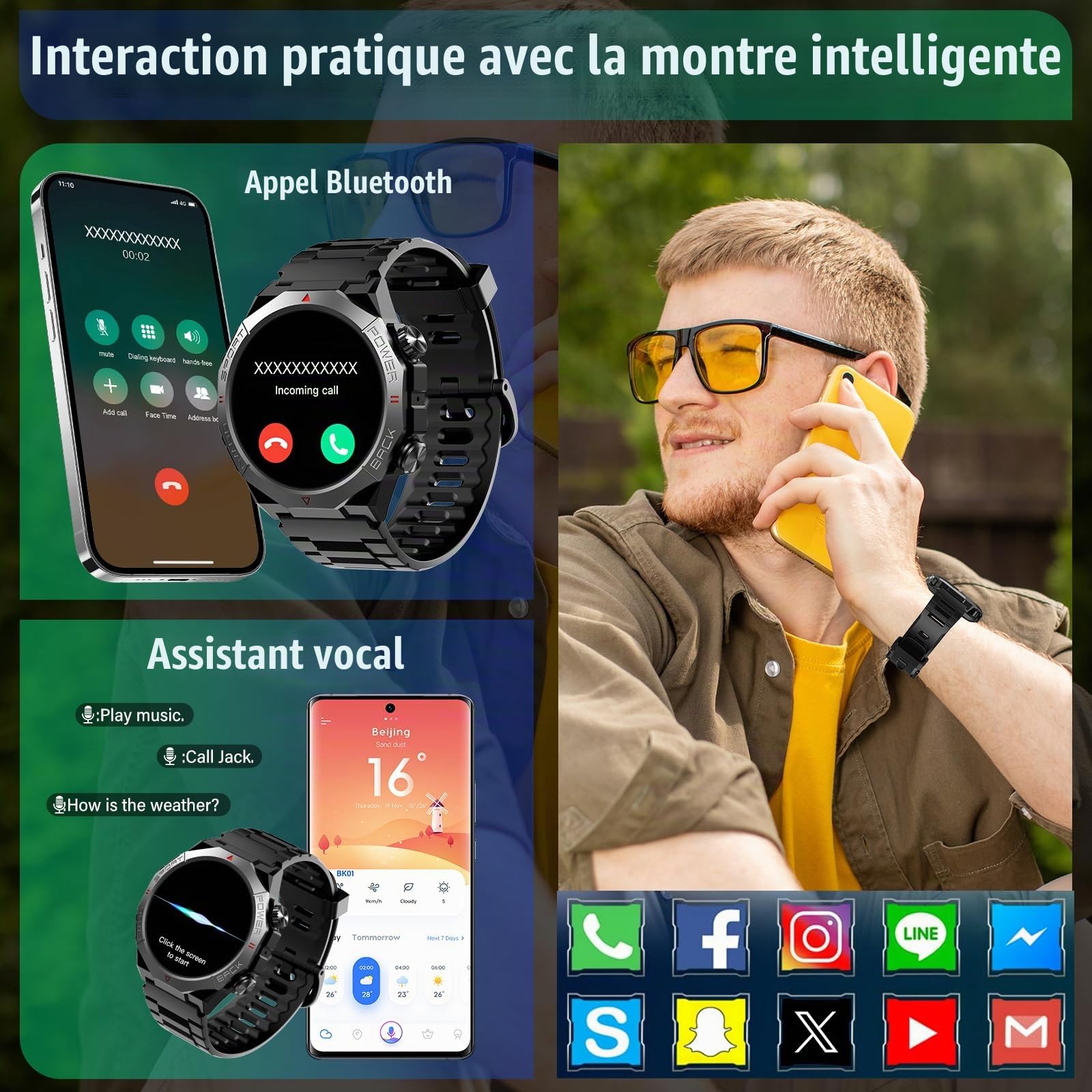 Qecnato Montre Connectée Homme, 1.39" HD Militaire Smartwatch avec Appel Bluetooth, Smart Watch Homme avec 110+ Modes Sportifs/Cardiofrequencemetre/Sommeil, Etanche IP68 Montre Intelligente