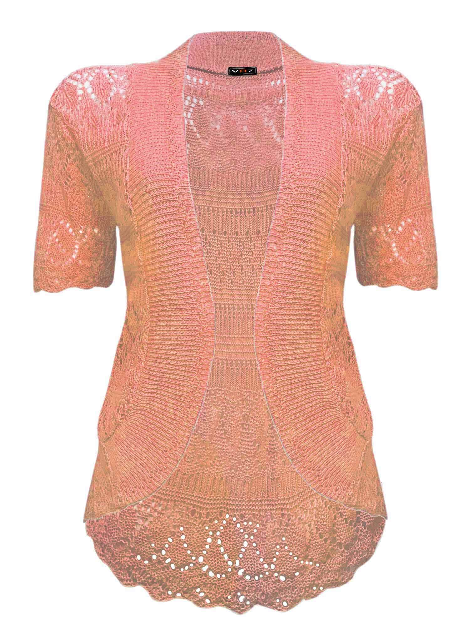 VR7 Bolero Cardigans for Women's Shrugs Light Weight Ladies Short Sleeves Knitted Shrug Crochet Lace Cardigan Cotton Summer Kimono Jackets UK Casual Cropped Bolero for Evening Dress Peach