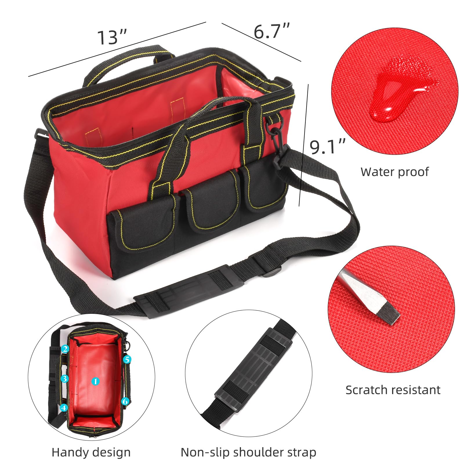 Paquete de 3 bolsas de herramientas pequeñas de 13 pulgadas para hombres, bolsa de herramientas impermeable con cremallera, bolsa de herramientas de boca ancha con material resistente para