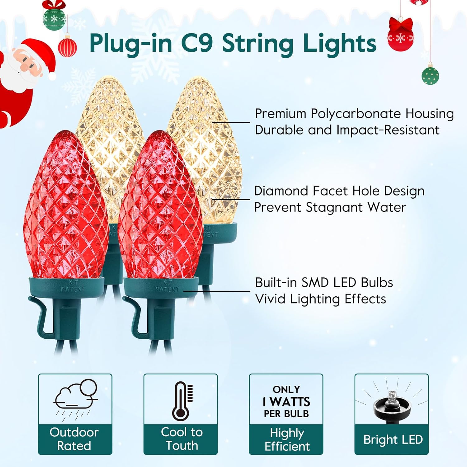 C9 LED Christmas String Lights, 66 ft 100 LED Strawberry Roof Lights, Commercial Grade Waterproof Extendable for Indoor Outdoor Roofline Home Xmas Decor, Red and Warm White