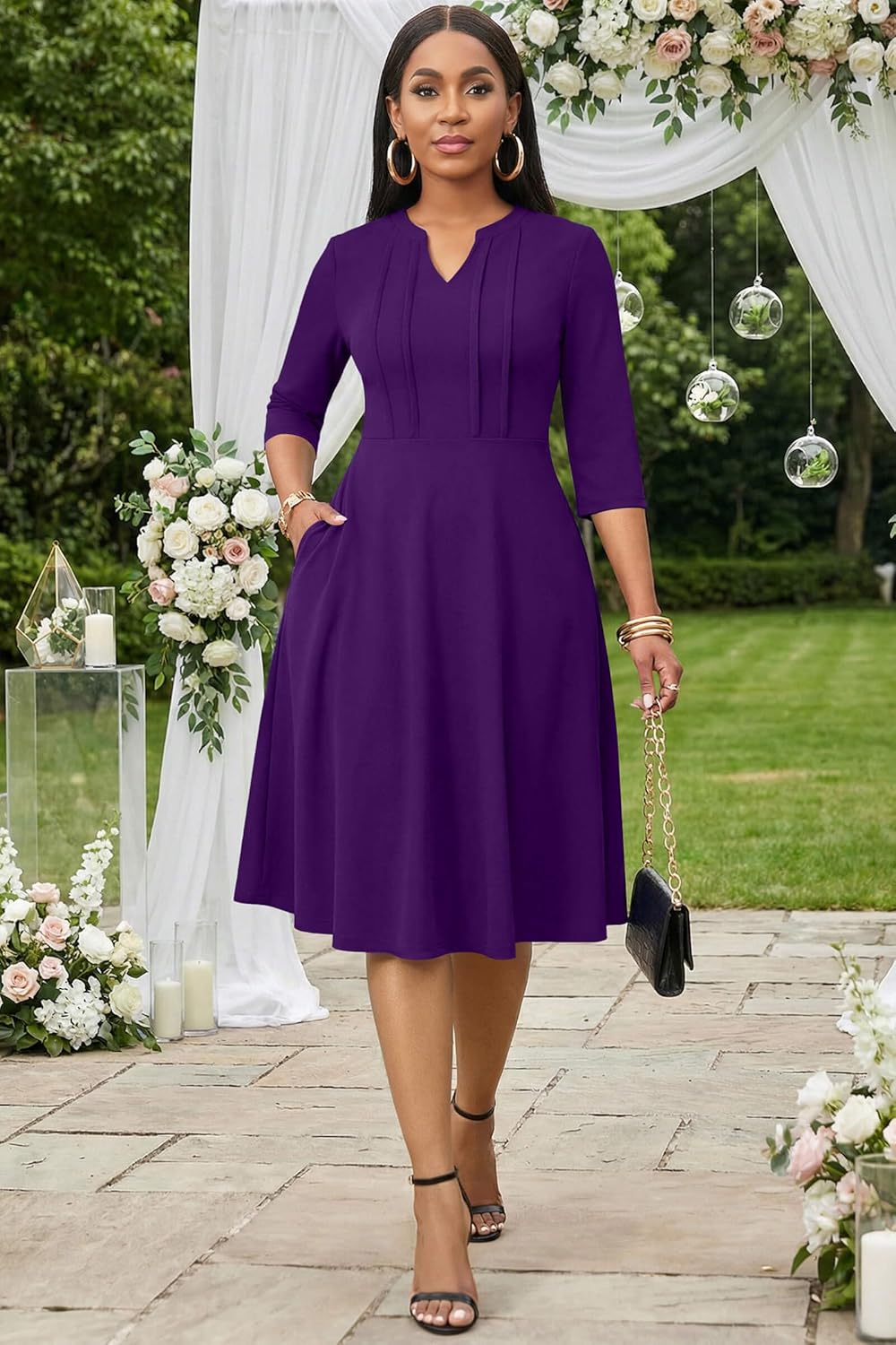 Nmoder Plus Size Midi Dress for Women - Casual Wedding Church Cocktail A-Line Dresses 3/4 Sleeve V Neck with Pockets - Image 5