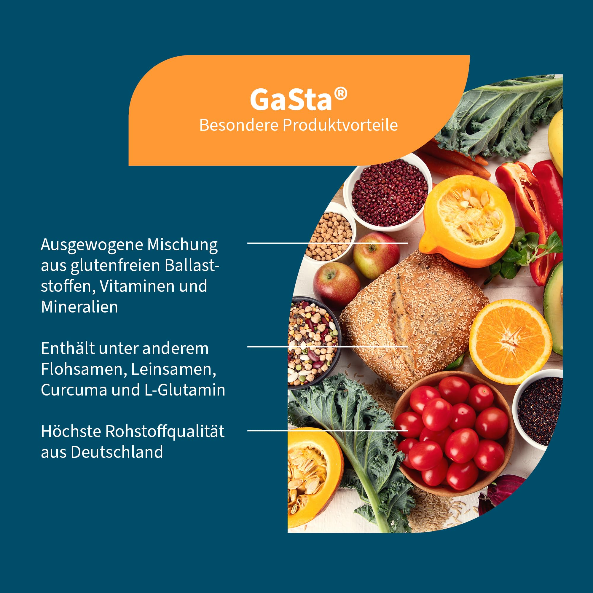 NautuGena GaSta/Glutenfreie Ballaststoffe, Vitamine & Mineralstoffet/Hoher Anteil an L-Glutamin und Curcuma/ 548g Pulver (1-Monats-Packung)