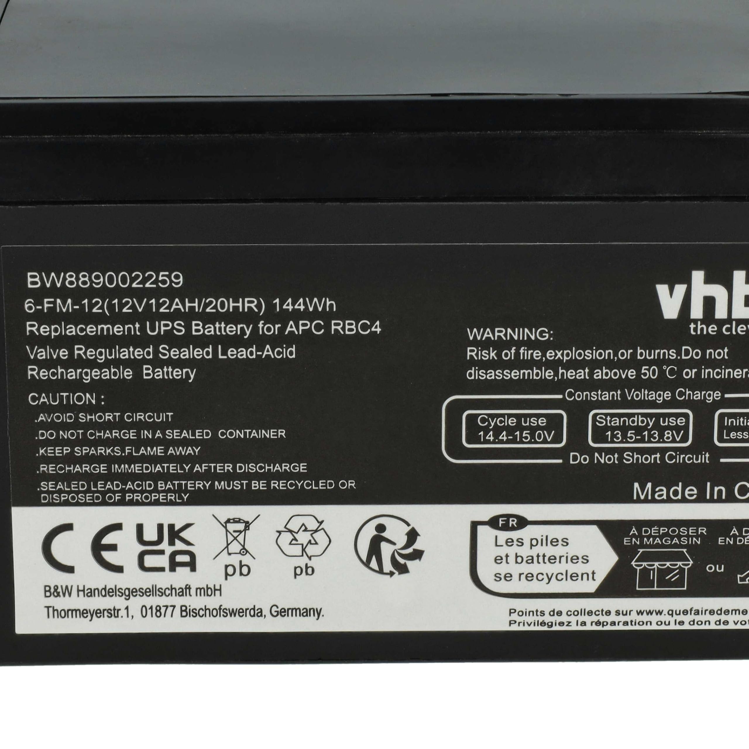 vhbw 1x batteria sostituisce APC RBC4, VISRBC4 per UPS (12Ah, 12V, AGM)
