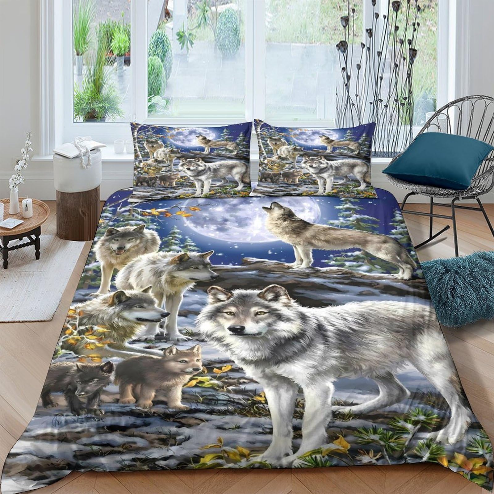 Ctjqhvkz Style-8 3D Printed Wolf Moon Fitted Sheet Microfiber Soft Non-Slip Forest Night Mattress Cover Bedroom Decor Single（135X200cm）