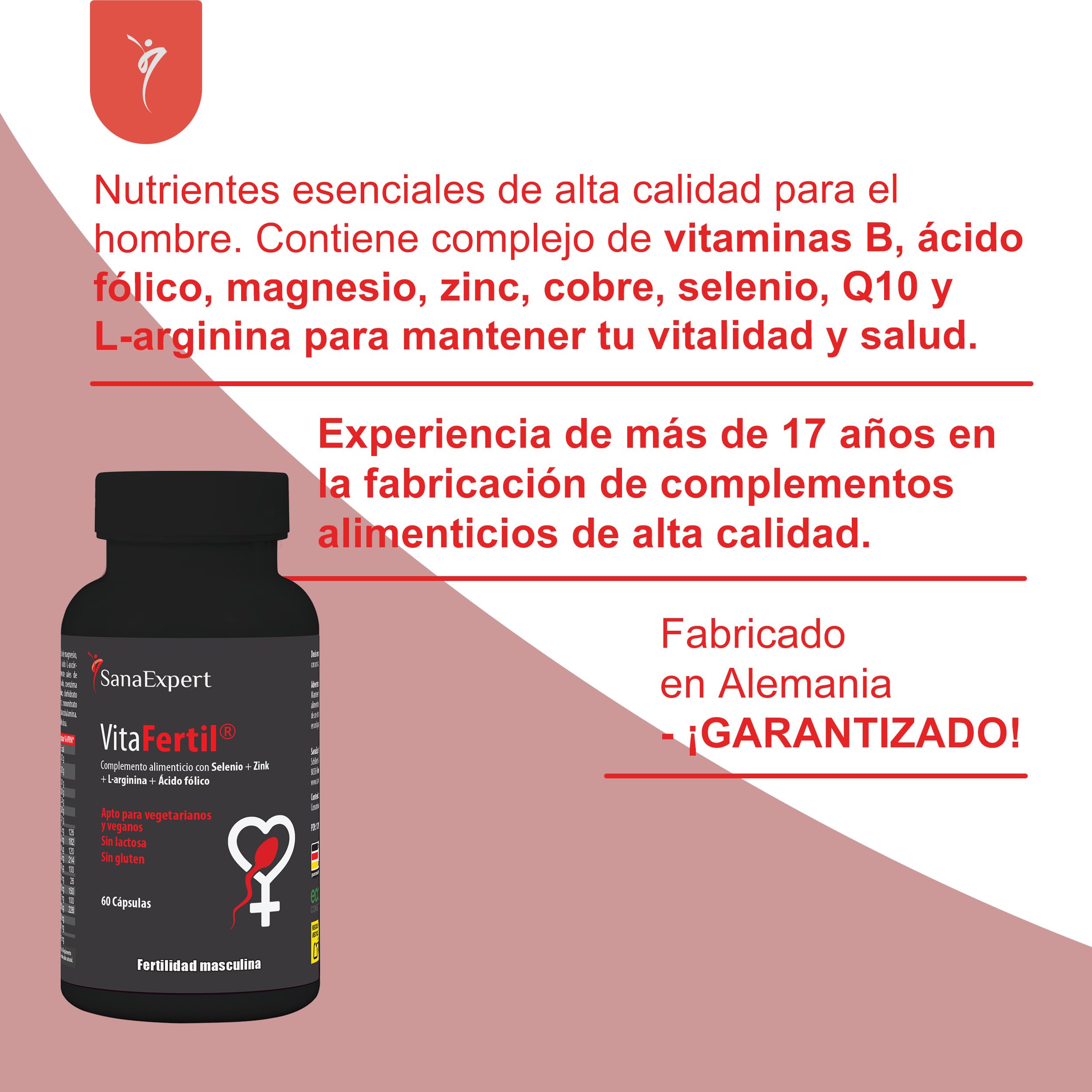 SanaExpert VitaFertil – Complemento Nutricional para Hombres – Con L-arginina, Zinc y Vitaminas Esenciales – 60 Cápsulas – Fabricado en Alemania