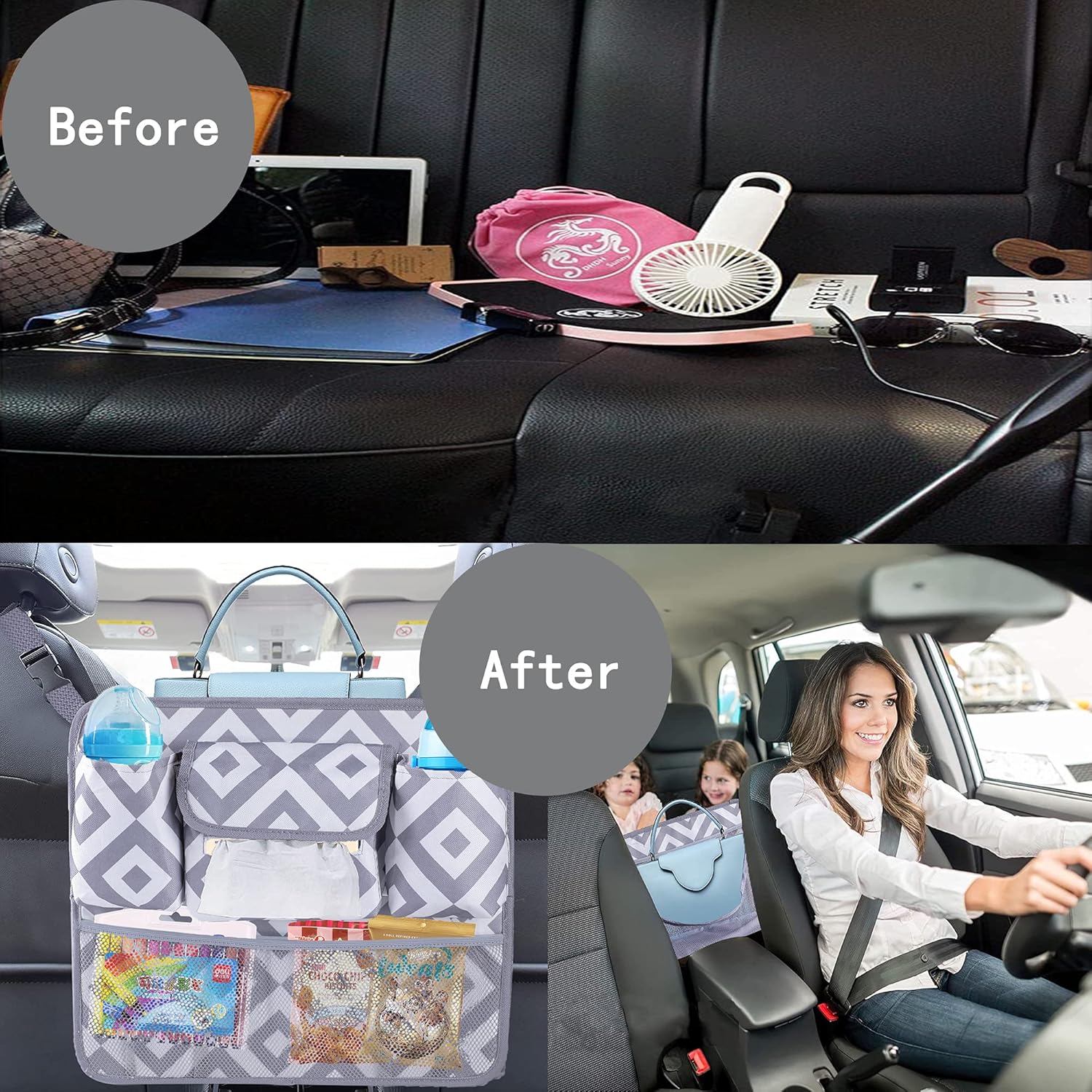 Car Organizer with Net Pocket Handbag Holder Between Car Front Seats Collapsible Storage Organizer with Purse Holder Pet and Kids Barrier（Gray Diamond） Image