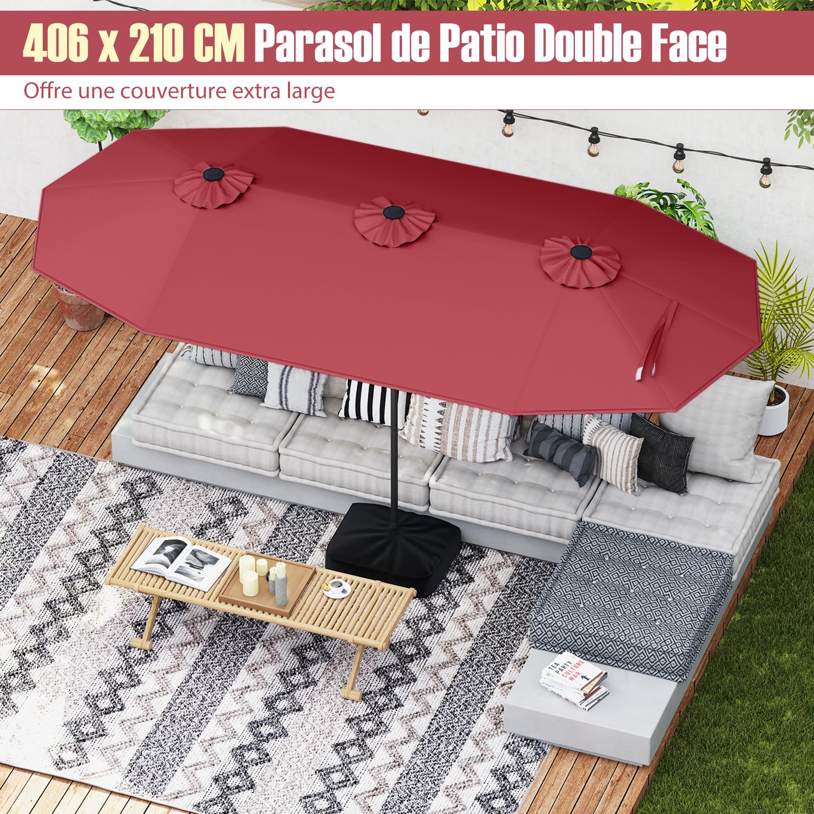 RELAX4LIFE Grand Parasol de Jardin Extérieur avec Pied | Parasol Double Terrasse à 12 Baleines | Manivelle | Polyester Résistant | Verrou de Sécurité | Protection UV pour Piscine Patio Marché,Bordeaux