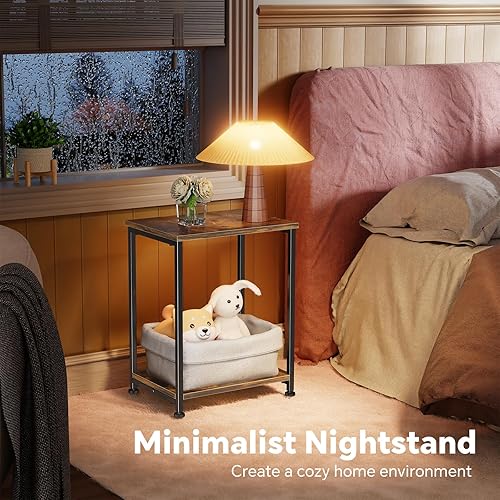 Miniatura 2 de Simple Trending Mesa auxiliar, mesa auxiliar, juego de 2 mesitas de noche con estante de almacenamiento para espacios pequeños, color marrón rústico