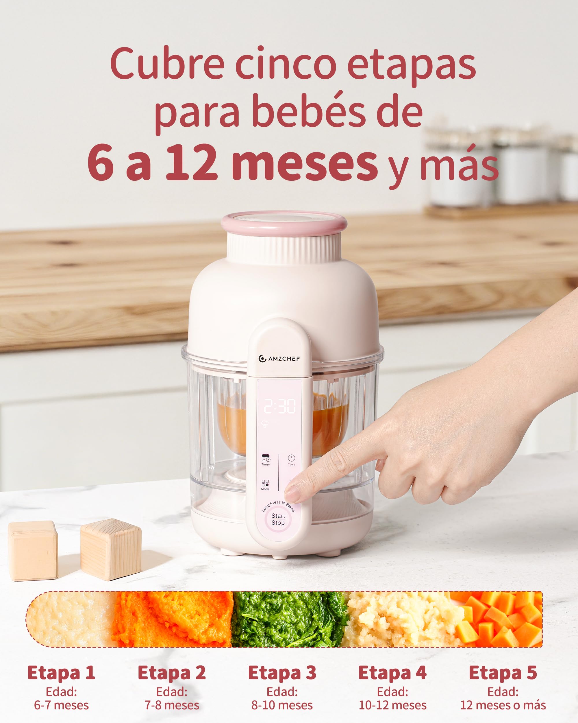 AMZCHEF Robot de cocina para bebé 6-en-1 Vaporera & Licuadora – Programas por Etapas de Edad 1–5, Libre de BPA – Cocinar al Vapor, Triturar, Puré, Descongelar, Auto-Limpieza – Control Táctil
