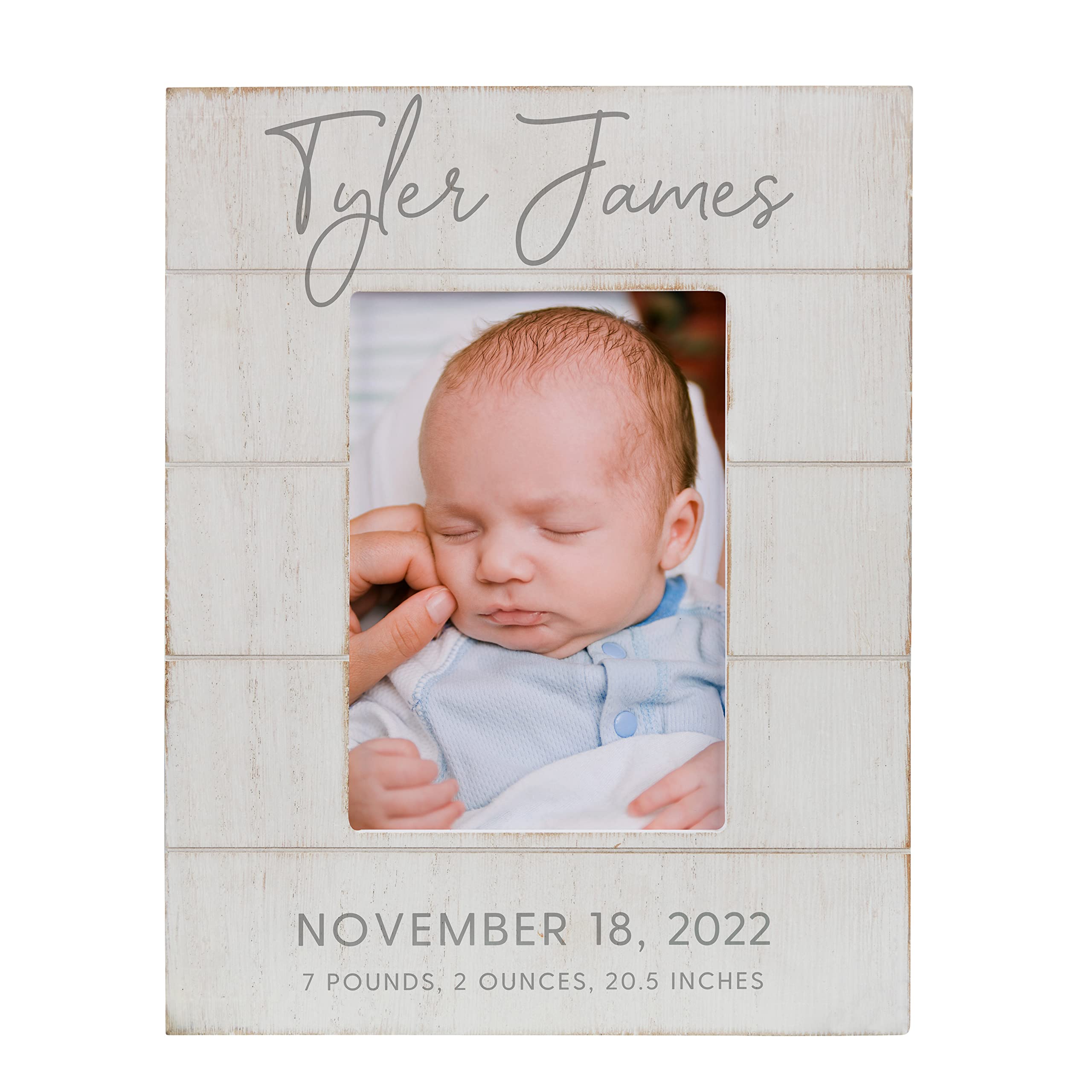 Personalization Universe Personalized Simple and Sweet Baby Shiplap Frame 5x7 Vertical Picture Frame - Rustic Whitewashed Wood Photo Frame for Newborn, Boy or Girl, Newborn & Family Pictures, Tabletop Display with Easel Back Design