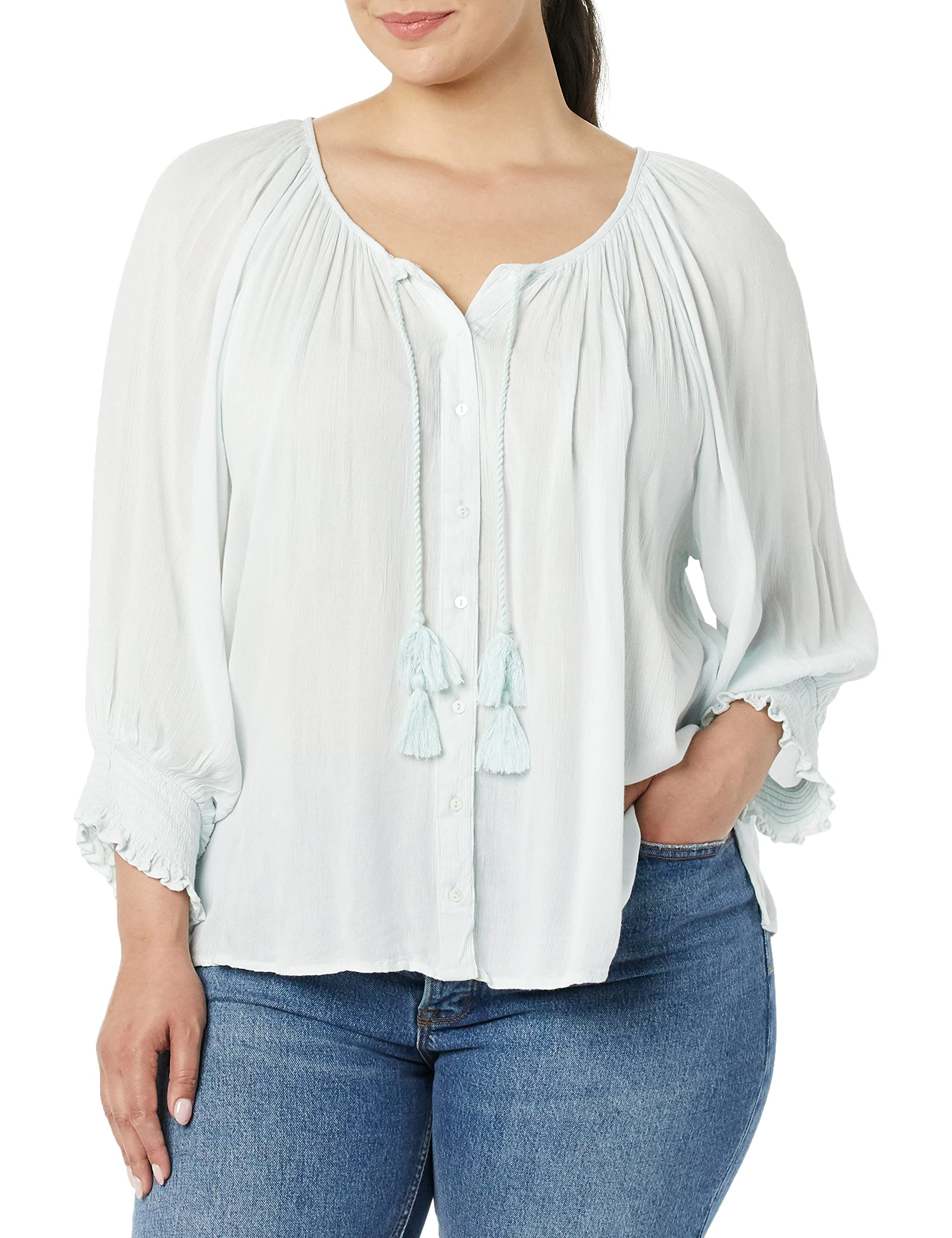 Karen Kane Women's Plus Size Button-up Peasant Top, Mint, 3X