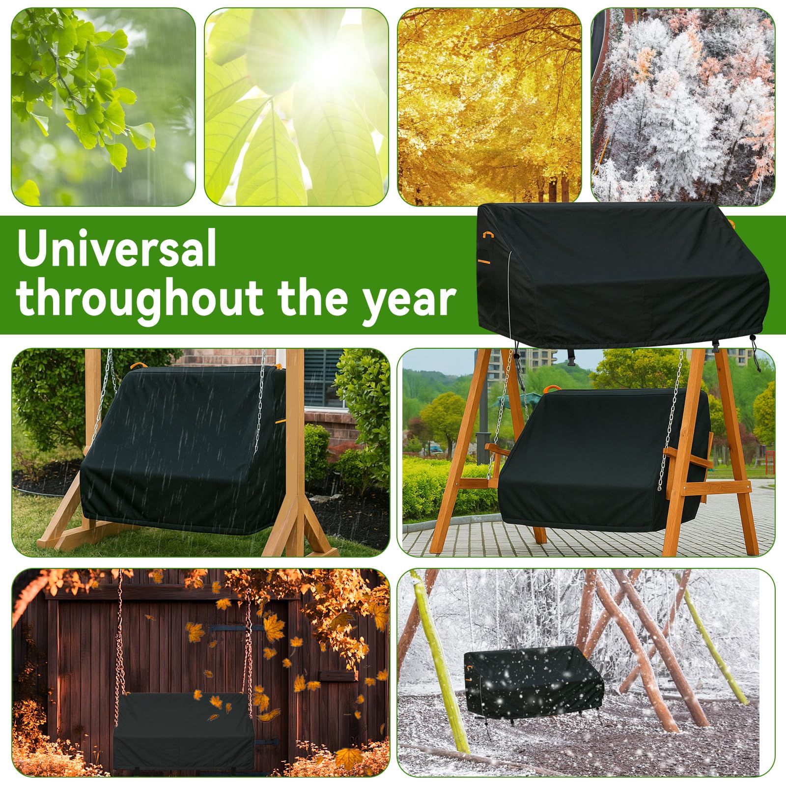Housse de balancelle de porche, très résistante 600D, imperméable, coupe-vent, anti-UV, protection avec fermeture éclair, noire (155 x 76 x 50-70 cm)