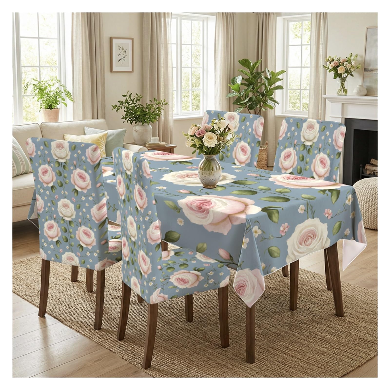 Nappe et housses de chaise imprimé roses pour repas de famille