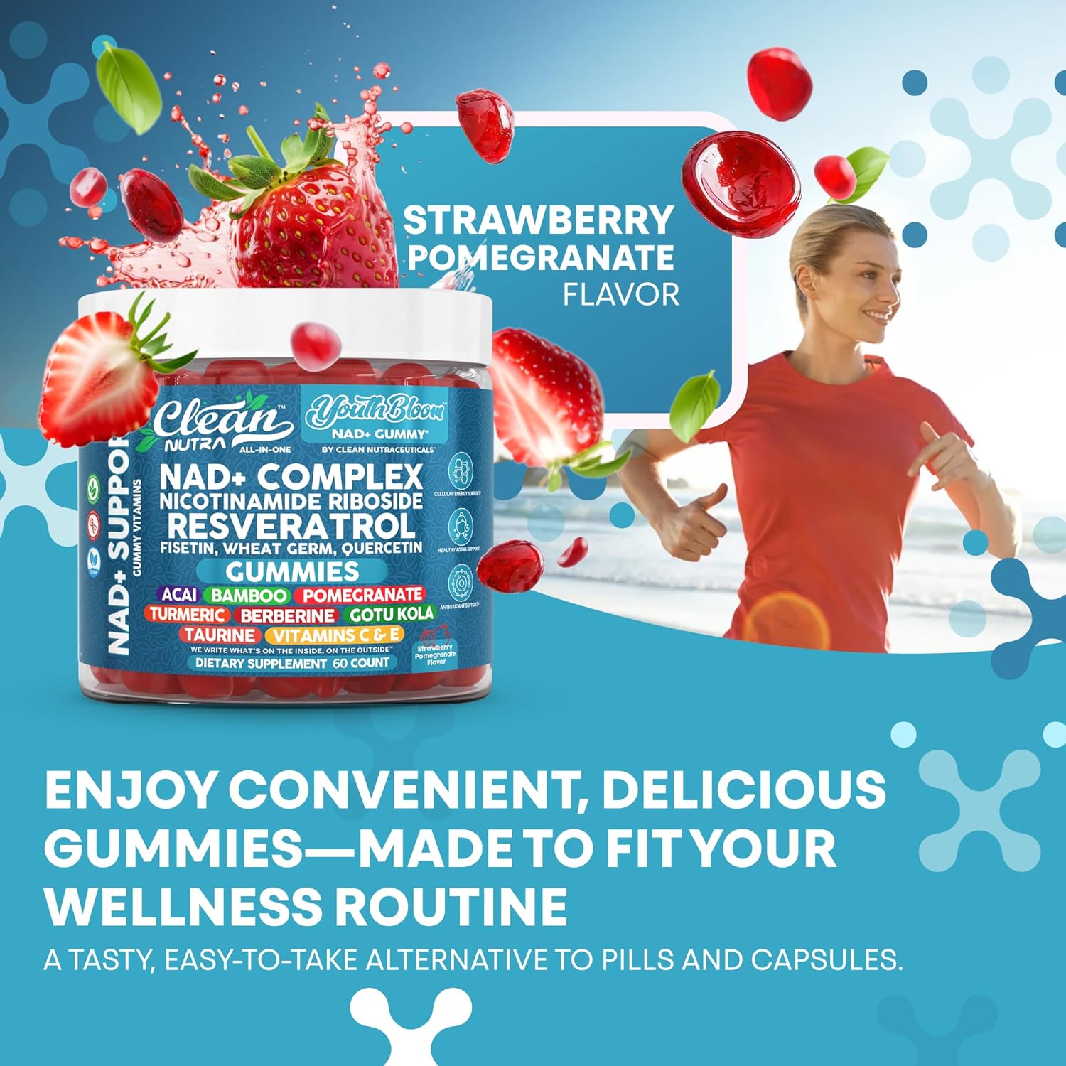 Youth Bloom NAD+ Supplement Gummies Resveratrol Fisetin Wheat Germ Berberine Taurine Turmeric Collagen Astaxanthin Nicotinamide Gotu Kola Pomegranate Vitamin C & E 60 Ct by Clean Nutra - Image 7