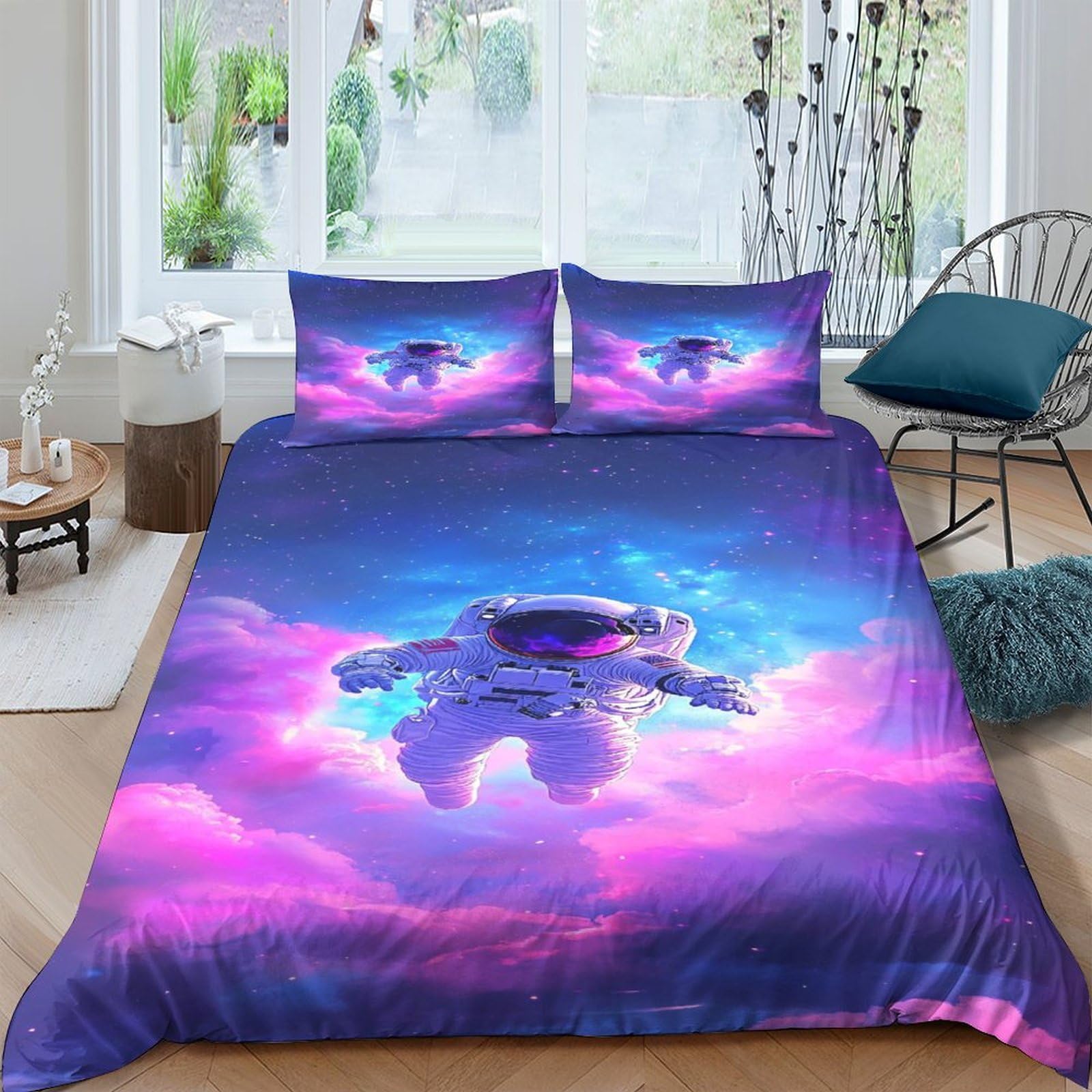 GPLZQXKJNH 3D Printed Astronaut Galaxy Duvet Cover Microfiber Soft Breathable Nebula Bedding Set with 2 Pillowcases for Bedroom Home Decor Single（135x200cm）