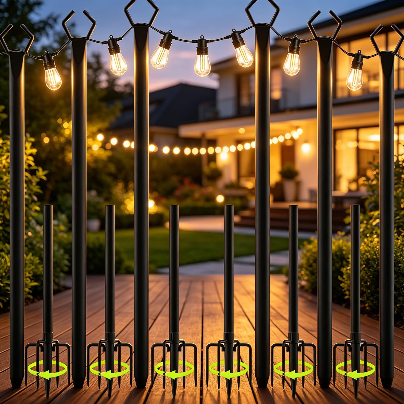 String Light Poles 6 Pack 2.65M, Heavy Duty Adjustable Festoon Light Poles