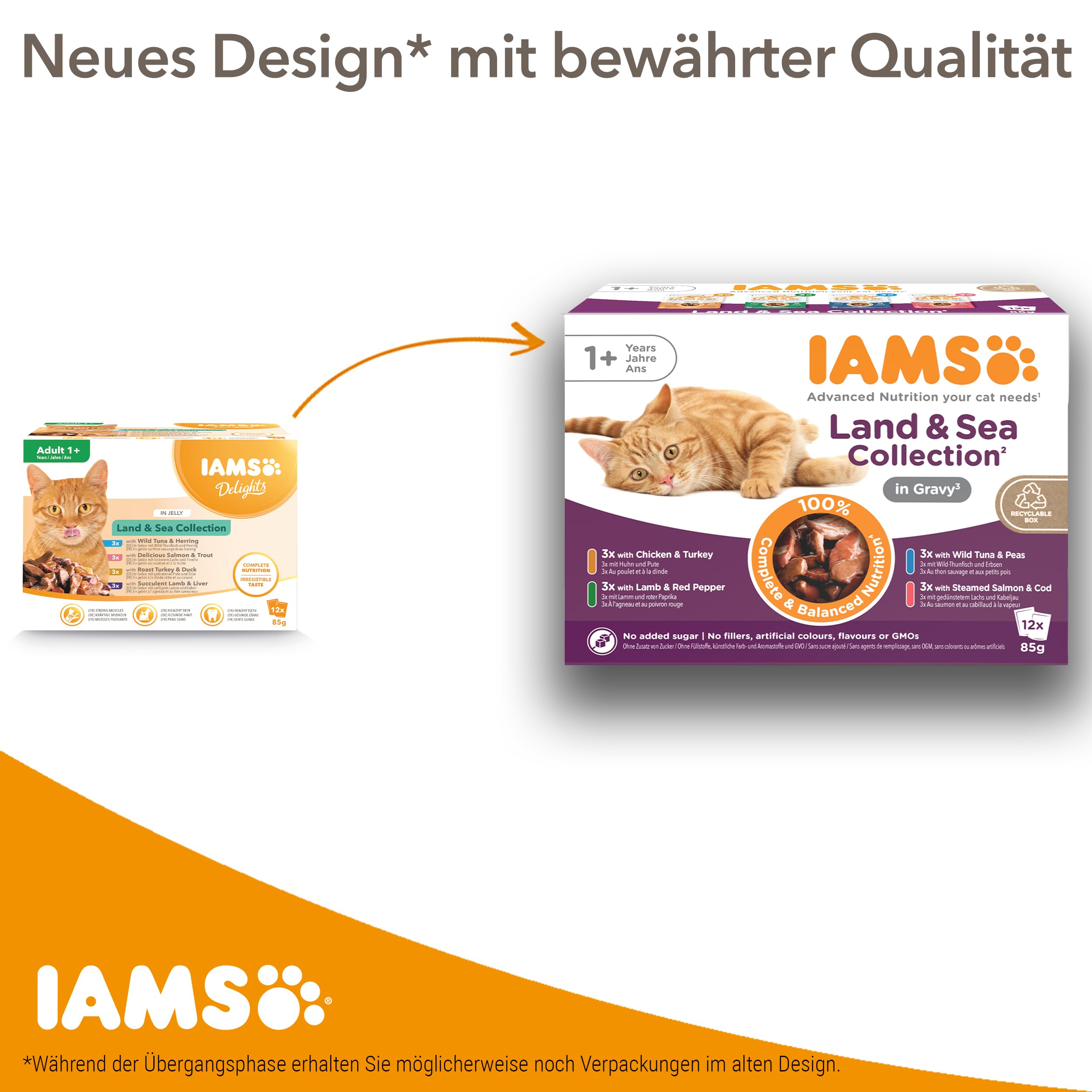 IAMS Delights Land & Sea Collection Katzenfutter Nass, 72 x 85 g | Multipack | mit Fleisch und Fisch Sorten in Sauce | Nassfutter für Katzen | ab 1 Jahr