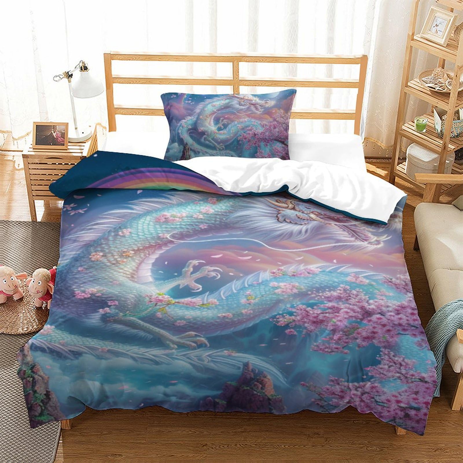 Parure de lit dragon 3D 135x200 cm douce avec housse et taies pour chambre d'ado