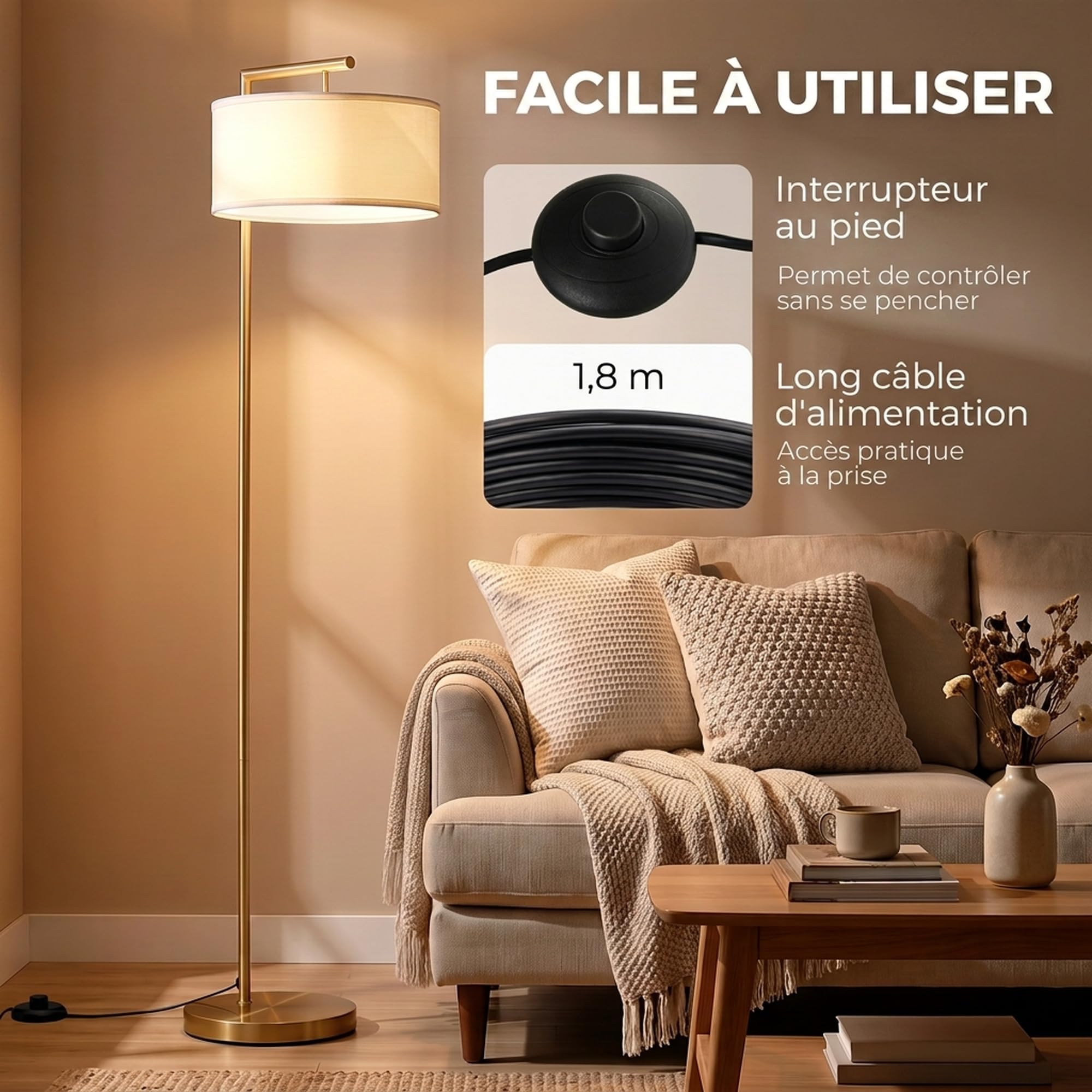 HOMCOM Lampadaire Lampe à Pied Base Ronde Stable 47x37x153 cm Or et Blanc