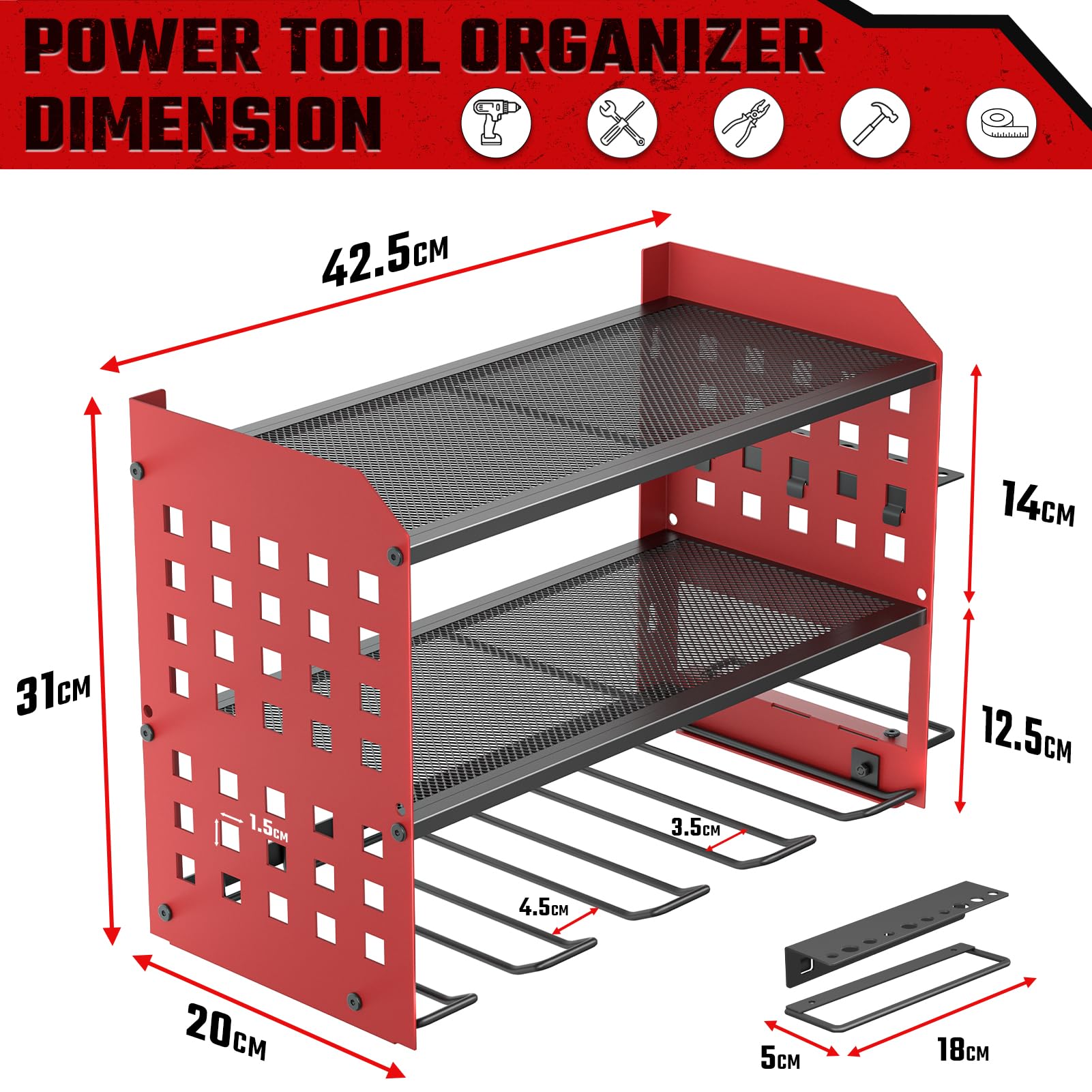 Yeabett Supporto da parete a 3 livelli, per 4 utensili elettrici, supporto da parete per garage, officina, 63 x 20 x 24 cm (rosso)
