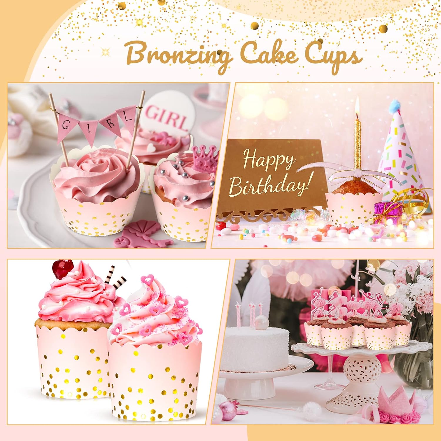 Queekay 100 Pcs Pink Cupcake Liners Bulk 4.5 oz Gold Dot Baking Cups