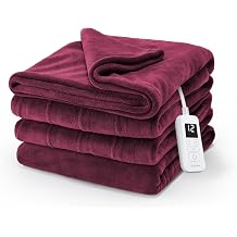 Sunbeam Electric Royal Luxe Microplush Heated Blanket, 12 Heat Settings, 12-Hour Auto Shut-Off, Fast Heating, Warm &amp; Cozy, Machine Washable, Cabernet Color, Twin (84" x 62")
