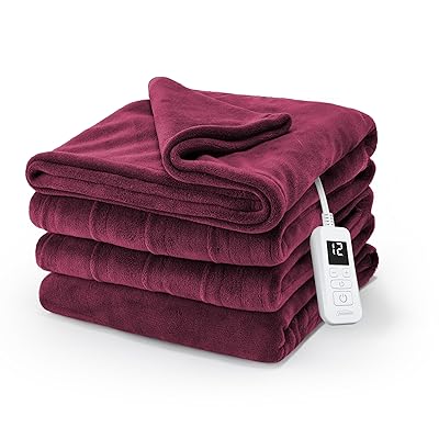 Sunbeam Electric Royal Luxe Microplush Heated Blanket, 12 Heat Settings, 12-Hour Auto Shut-Off, Fast Heating, Warm & Cozy, Machine Washable, Cabernet Color, Twin (84" x 62")