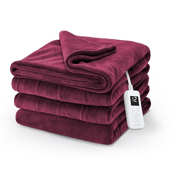 Sunbeam Electric Royal Luxe Microplush Heated Blanket, 12 Heat Settings, 12-Hour Auto Shut-Off, Fast Heating, Warm & Cozy, Machine Washable, Cabernet Color, Twin (84" x 62")