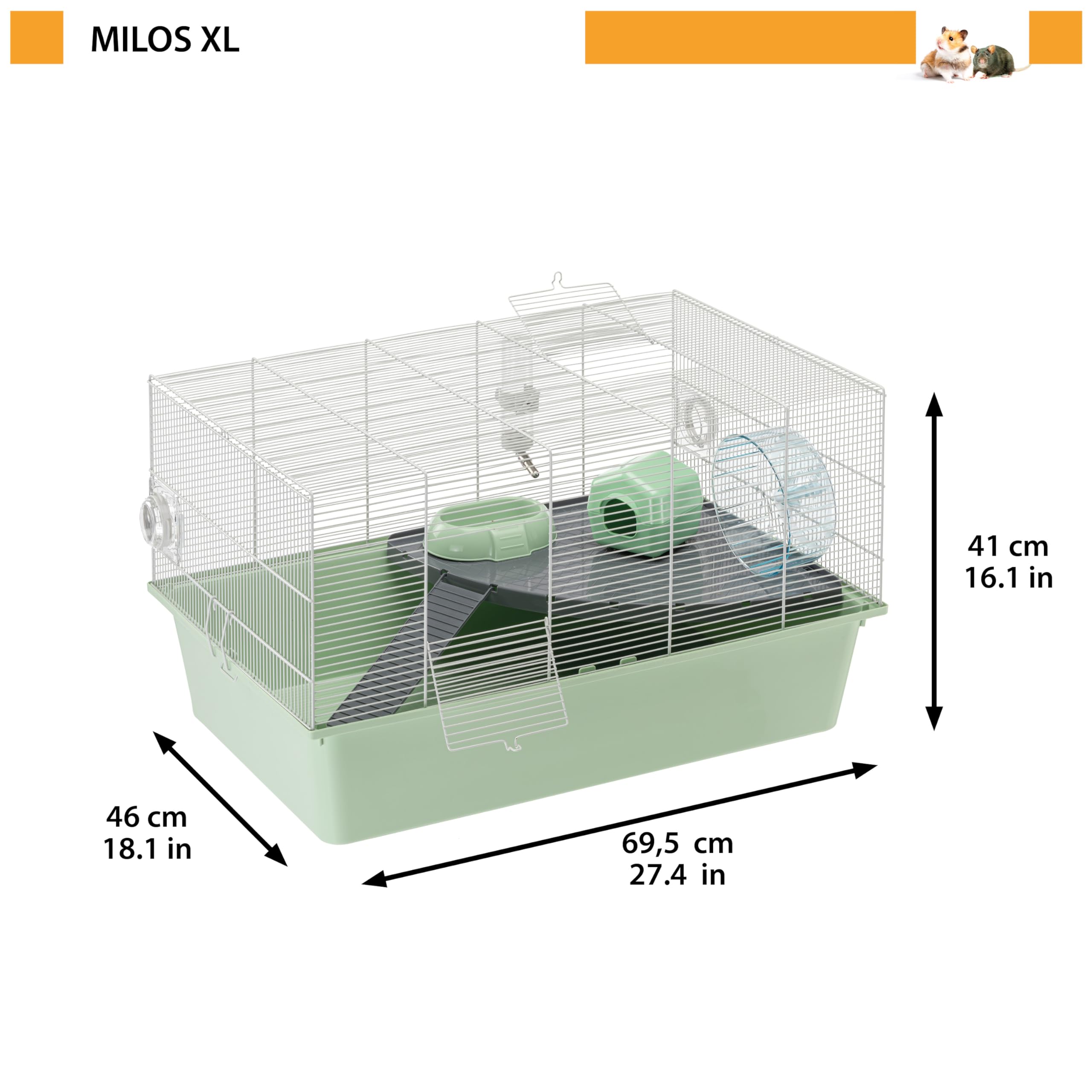 Ferplast Hamsterkäfig, Mäusekäfig Milos XL, Käfig für Hamster Mäuse, Kunststoffboden Struktur aus recyceltem Eisen, Einfache Wartung, Modulares Käfigsystem, Inklusive Zubehör, 69,5 x 46 x h 41 cm