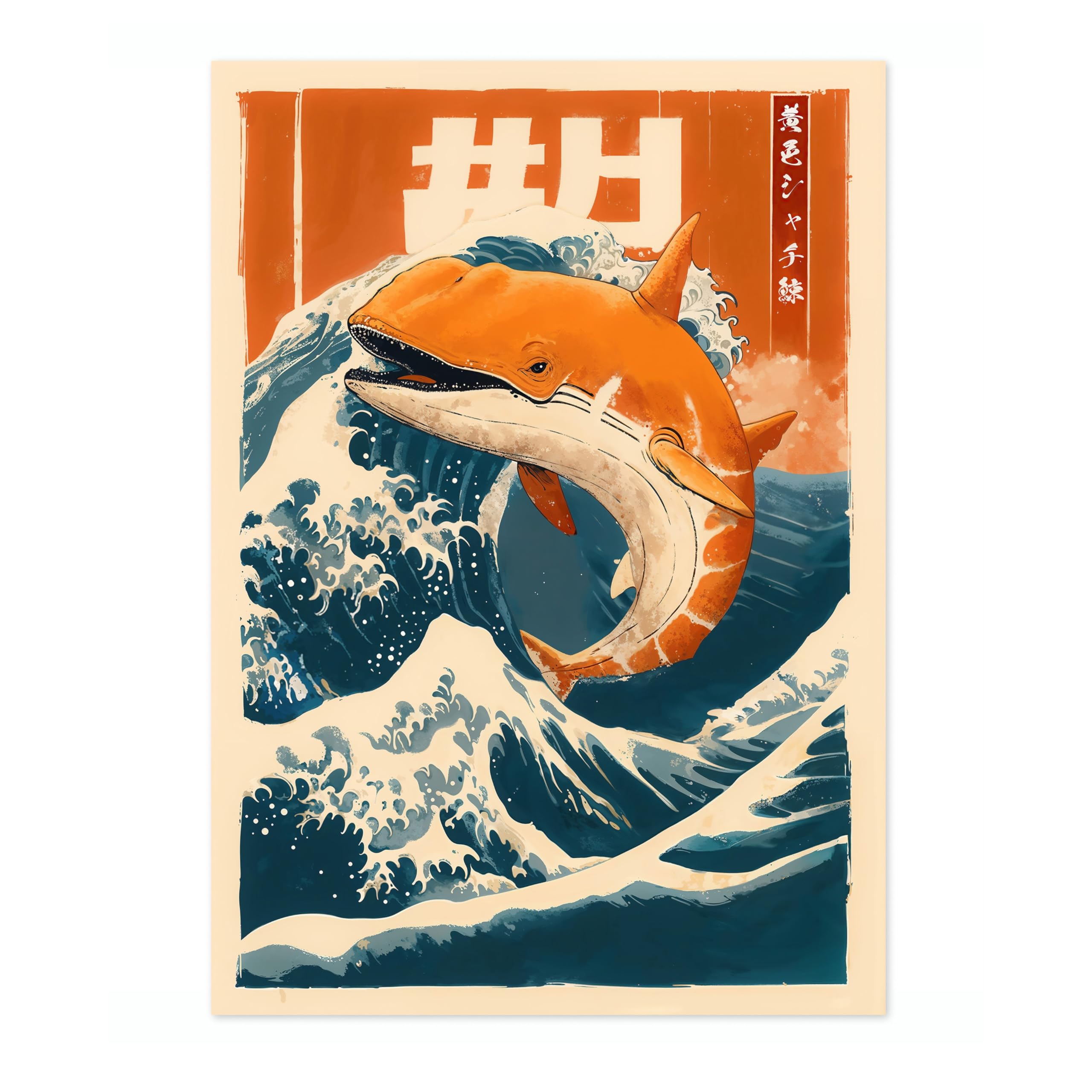 The Great Orange Whale Poster Japanese Anime Style Print. Great Wave Woodblock Animal Wall Art, Archival Matte, A2 (Print Only) - 59.4x42cm โ image 1