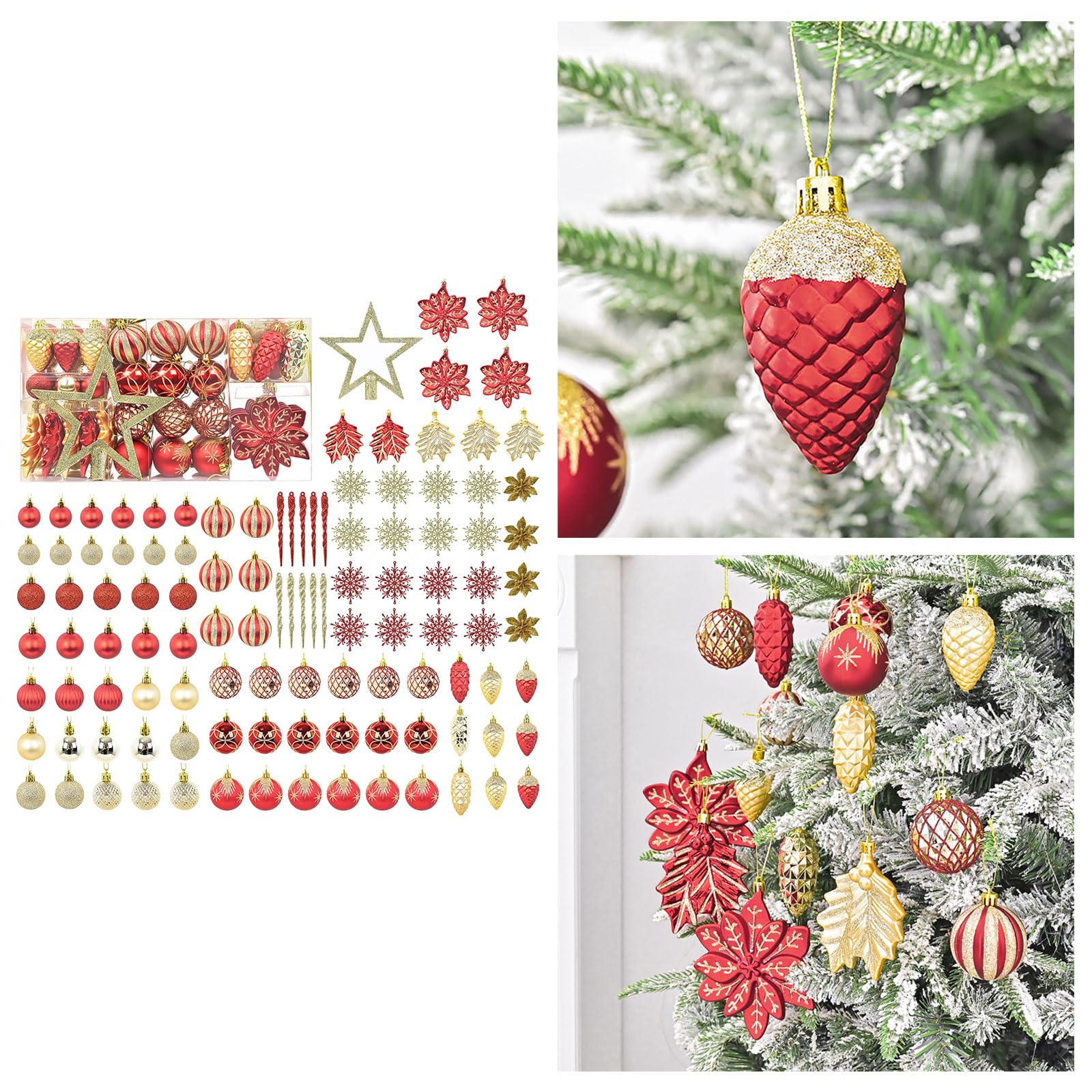 110Pcs Boule d'arbre de Noël,Boules en Plastique Incassables pour Décorations,Peint Boules Noel avec Lanières pour Noël Trees Thanksgiving Decorations Intérieures ou Extérieures