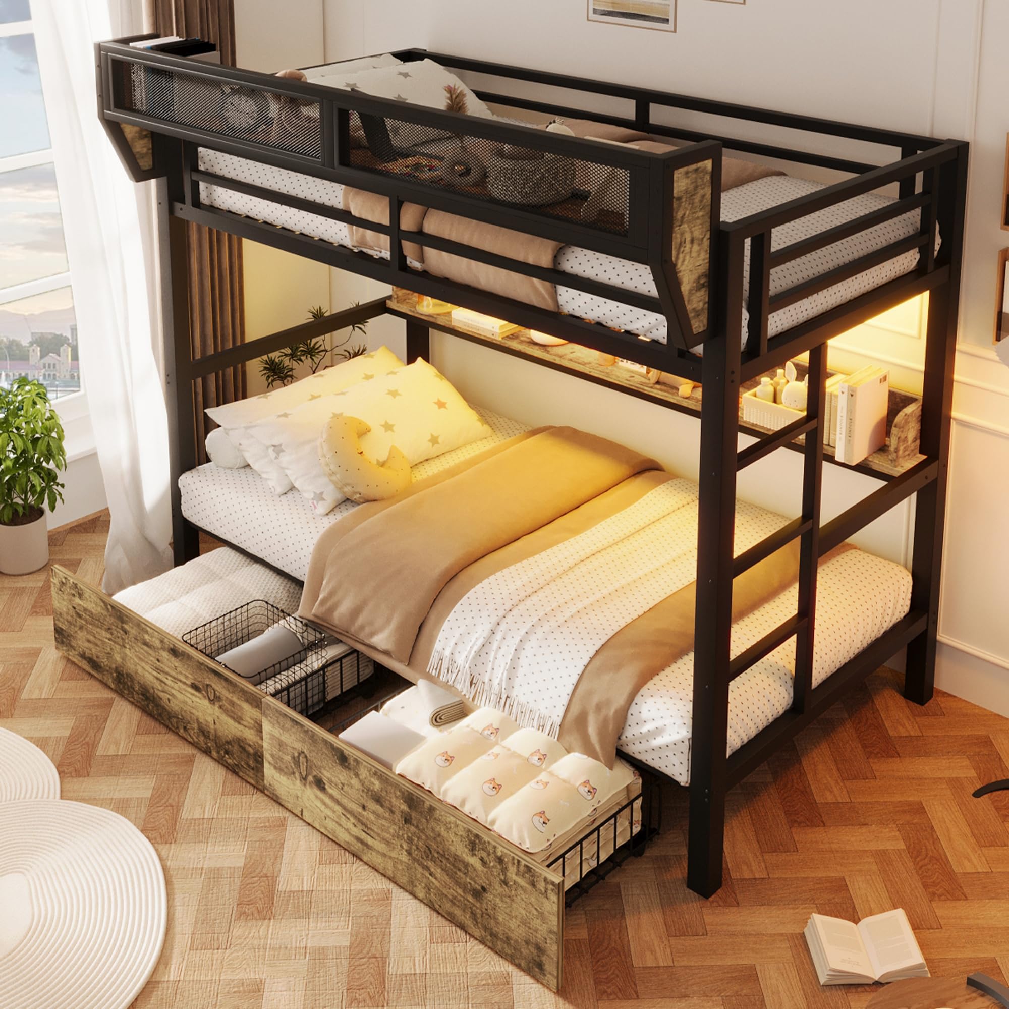 Merax Etagenbett 90x200 cm aus Metall, Kinderbett mit Stauraum & App-LED, Stockbett Metallbett mit 2 Schubladen, Aufbewahrungskorb & Ablagebord, Jugendbett mit Rausfallschutz, ohne Matratze, Schwarz
