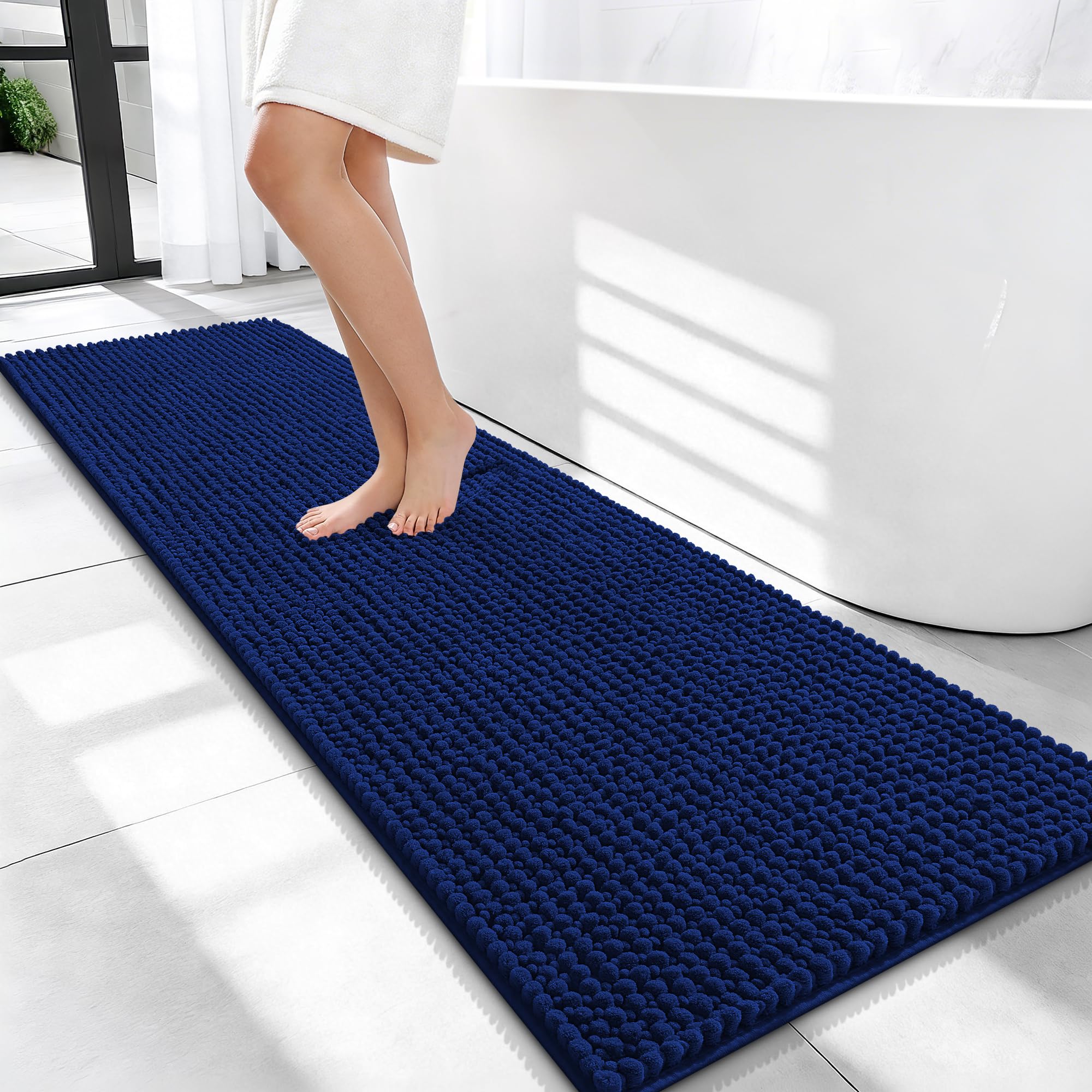OLANLY Thick Chenille Bathroom Runner Rugs 59x20, Absorbent Bath Mat, Navy